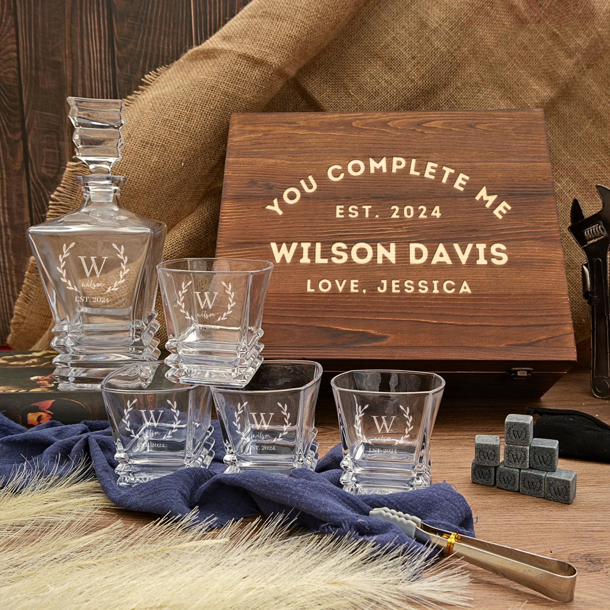 Personalised Wooden Boxed Prism Whiskey Decanter Set, 4 Glasses, 8 Ice Stones & Tongs | Custom Engraved Groomsmen, Wedding, Whisky Bar Gift