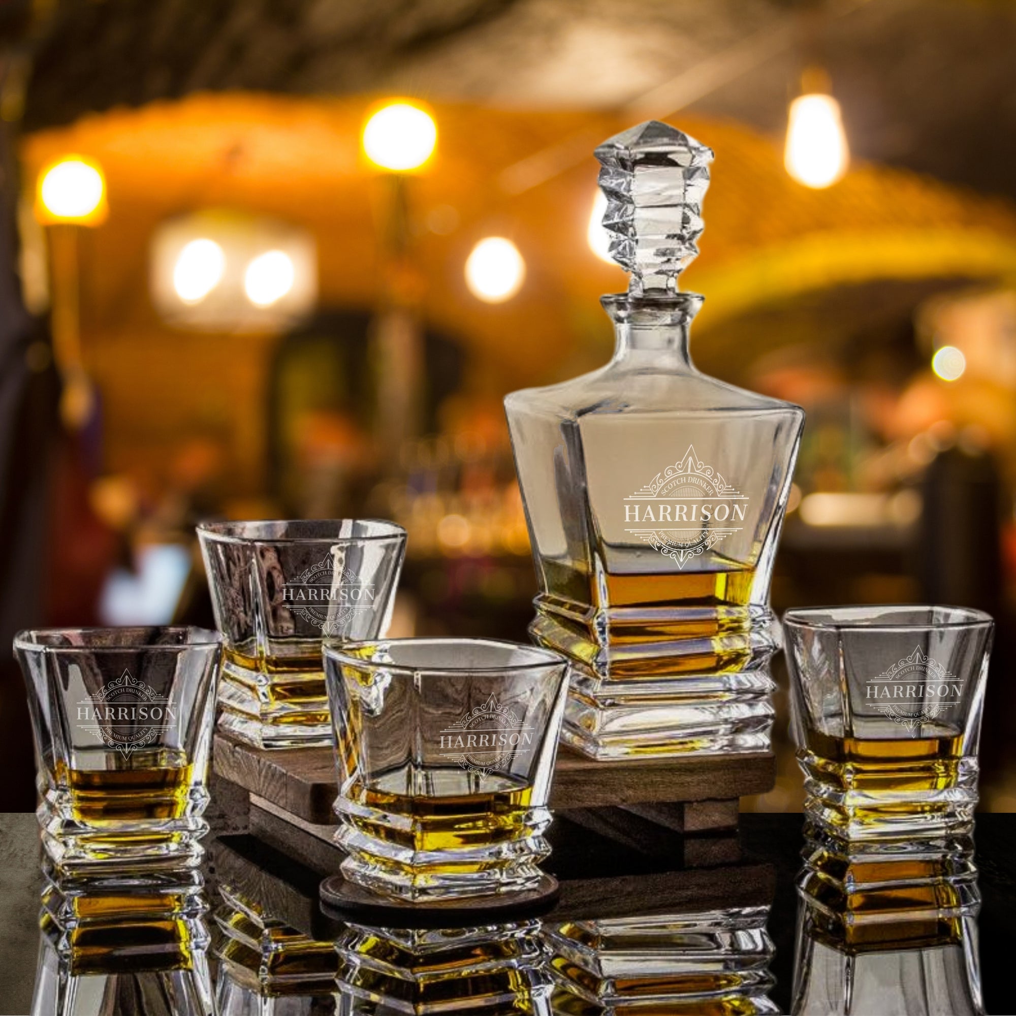 Personalised Wooden Boxed Prism Whiskey Decanter Set, 4 Scotch Glasses, 8 Ice Stones &amp; Tongs | Custom Engraved Groomsmen, Wedding, Whisky Bar Gift