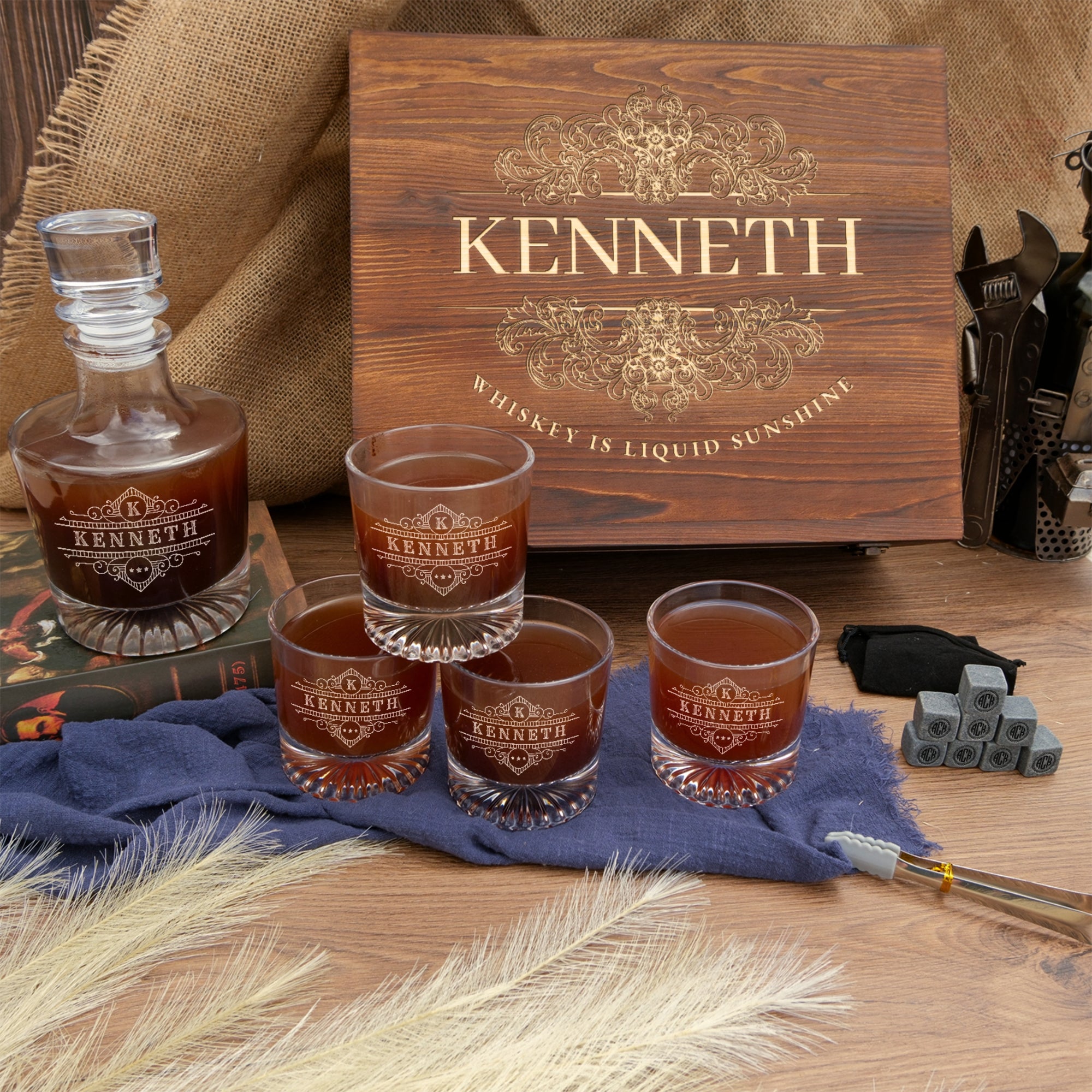 Personalised Wooden Boxed Round Whiskey Decanter Set, 4 Scotch Glasses, 8 Ice Stones &amp; Tongs | Custom Engraved Groomsmen, Wedding, Whisky Bar Gift