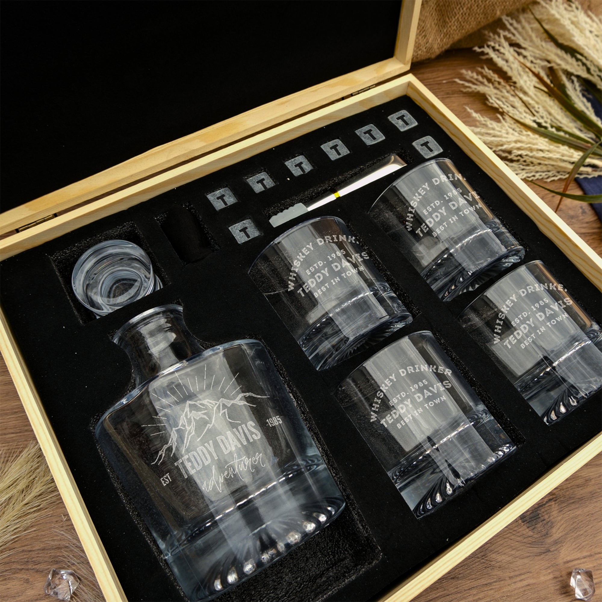 Personalised Wooden Boxed Round Whiskey Decanter Set, 4 Scotch Glasses, 8 Ice Stones &amp; Tongs | Custom Engraved Groomsmen, Wedding, Whisky Bar Gift