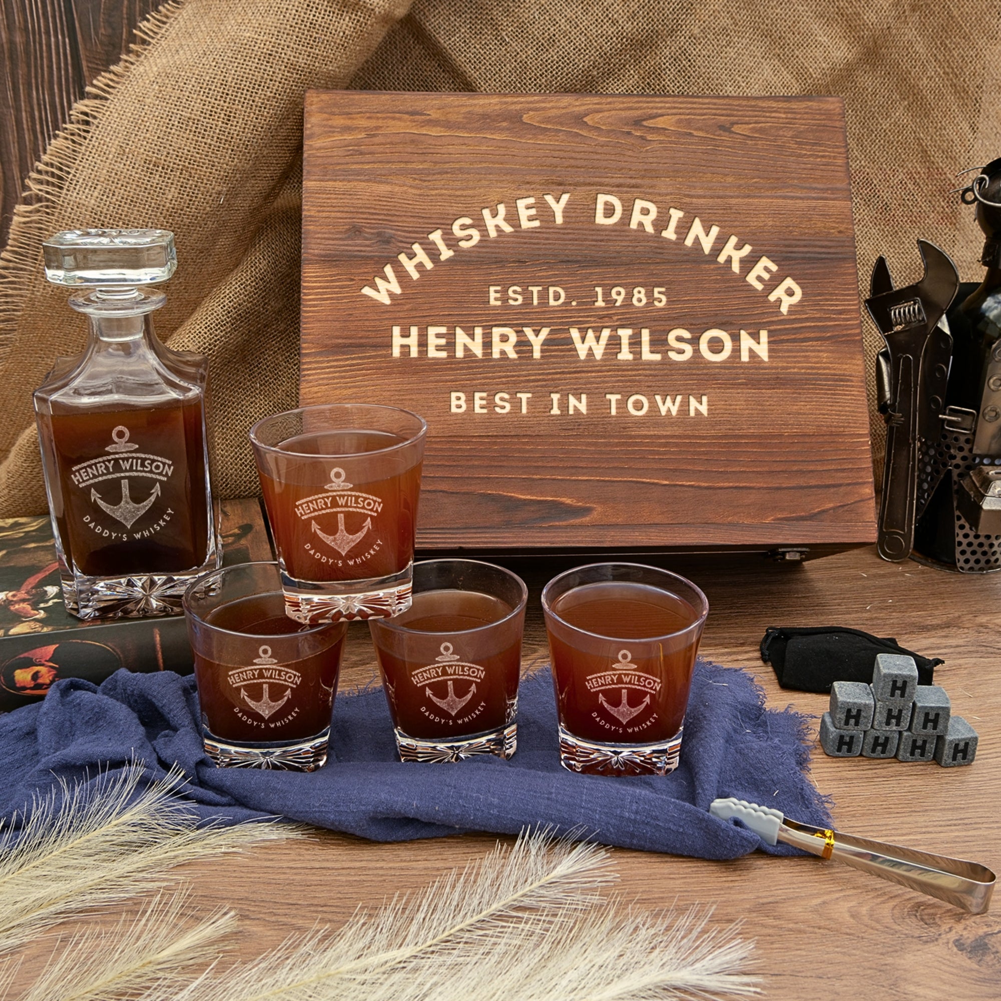 Personalised Wooden Boxed Star Base Whiskey Decanter Set, 4  Glasses, 8 Ice Stones & Tongs | Custom Engraved Logo Groomsmen Wedding Bar Gift