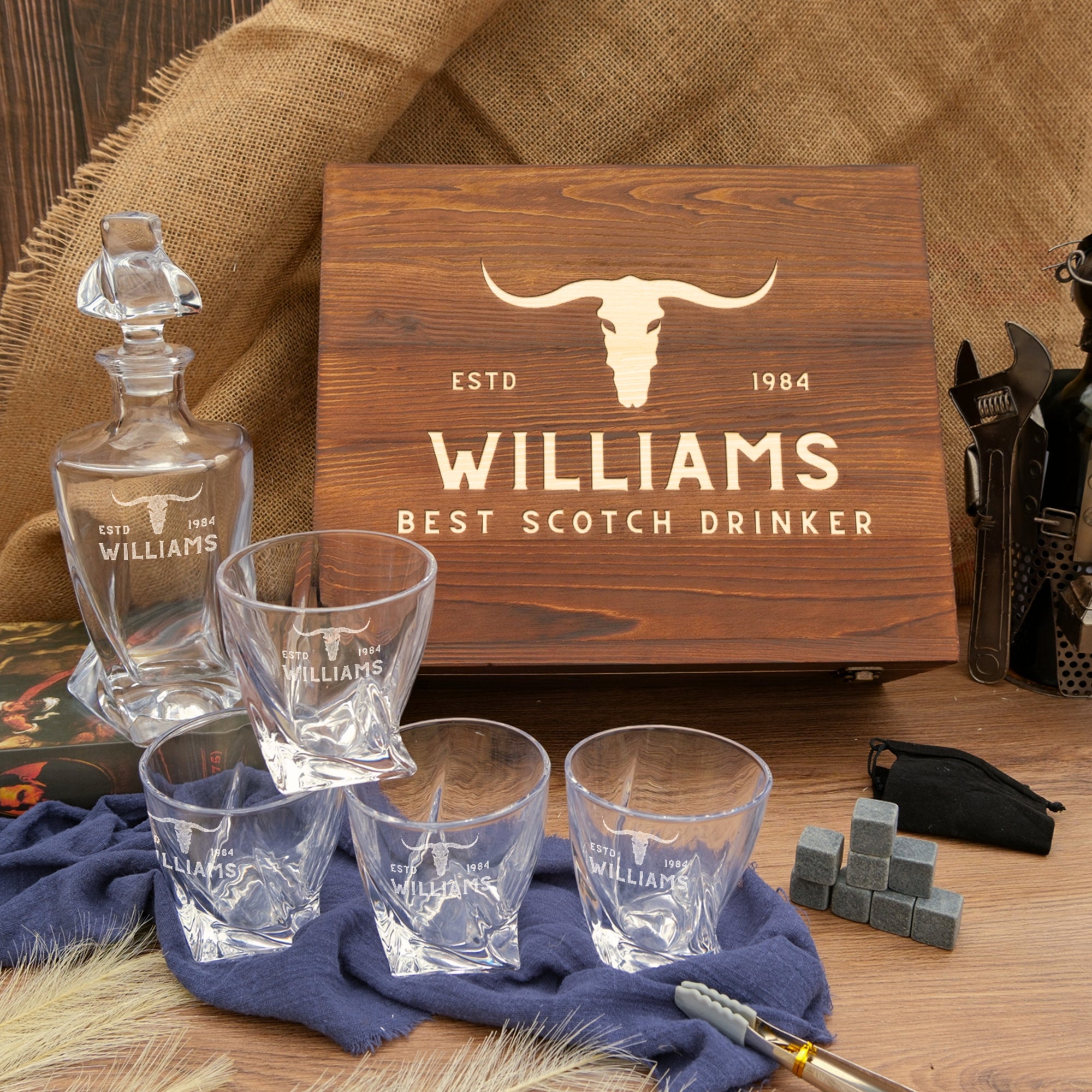 Personalised Wooden Box Twisted Whiskey Decanter Set, 4 Scotch Glasses, 8 Ice Stones & Tongs | Custom Engraved Groomsmen, Wedding Bar Gift