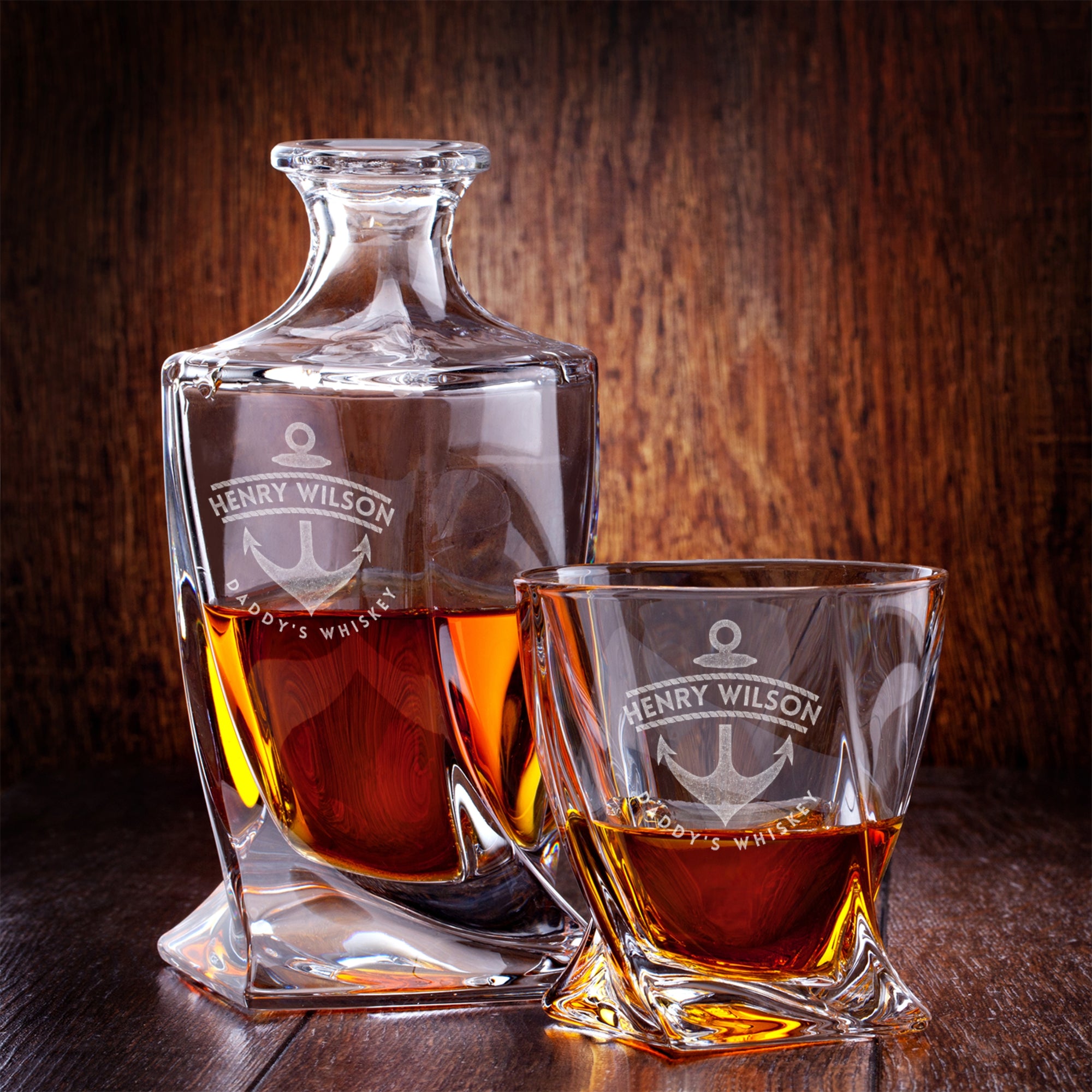 Personalised Wooden Boxed Twisted Whiskey Decanter Set, 4 Scotch Glasses, 8 Ice Stones &amp; Tongs | Custom Engraved Groomsmen, Wedding, Whisky Bar Gift