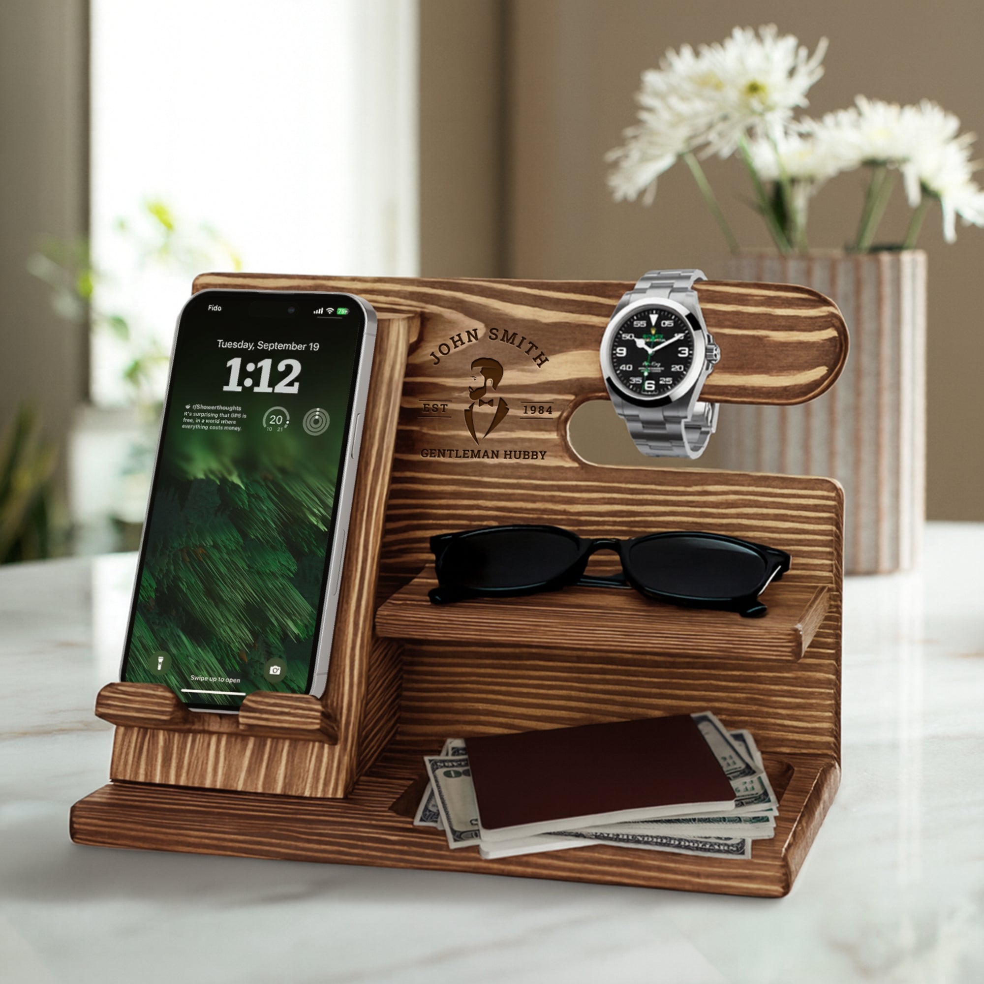 Personalised Wooden Docking Station, Custom Engraved Desk Valet, Nightstand Phone Watch Wallet Organiser, Dad, Groomsman, Housewarming Gift