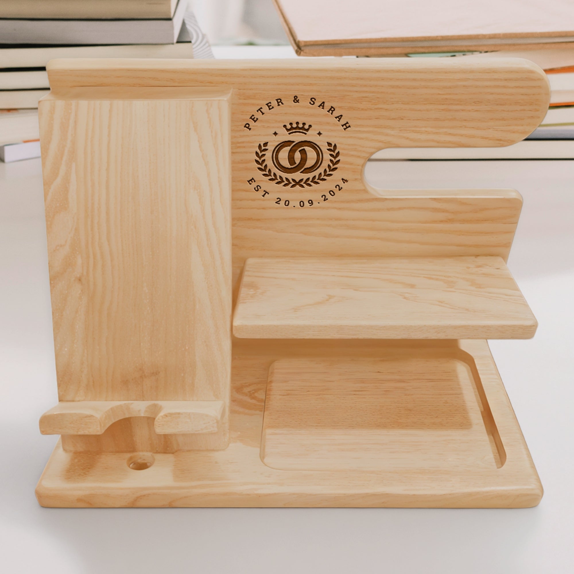 Personalised Wooden Docking Station, Custom Engraved Desk Valet, Nightstand Phone Watch Wallet Organiser, Dad, Groomsman, Housewarming Gift