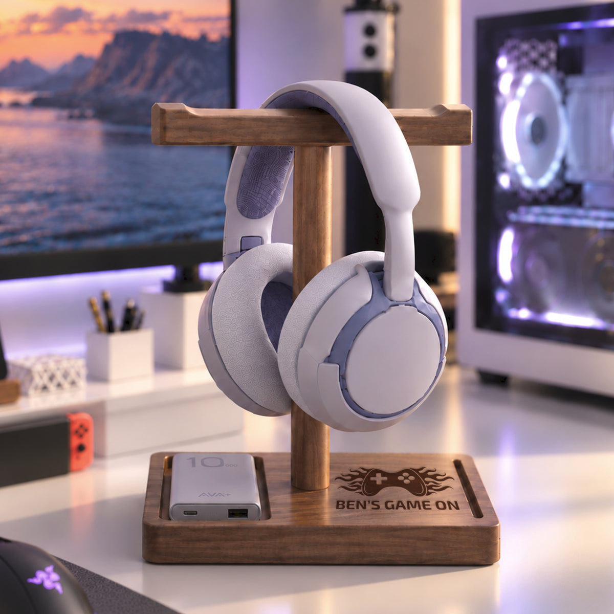 Personalised Wooden Headphone Stand &amp; Storage Tray, Custom Engraved Name Desk Holder Home Decor Office Organisation, Gamer Dad Birthday Gift