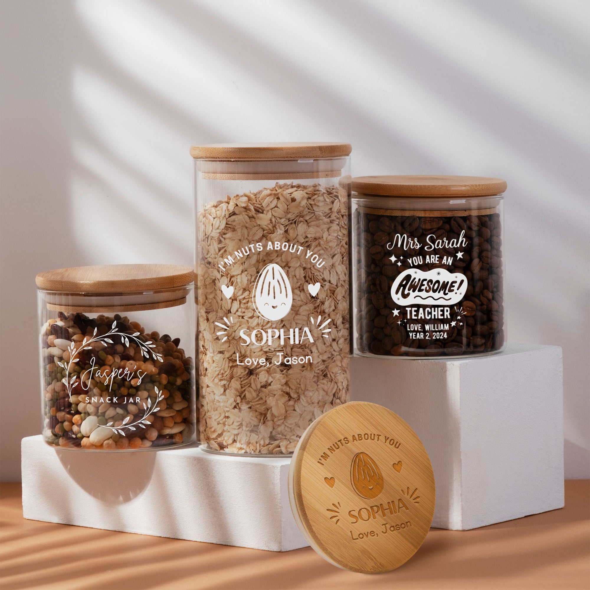Personalised Wooden Lid Jar, Custom Etched Printed Treat, Food, Snack Glass Storage, Cookie Lolly Canister Teacher Anniversary Mom Xmas Gift