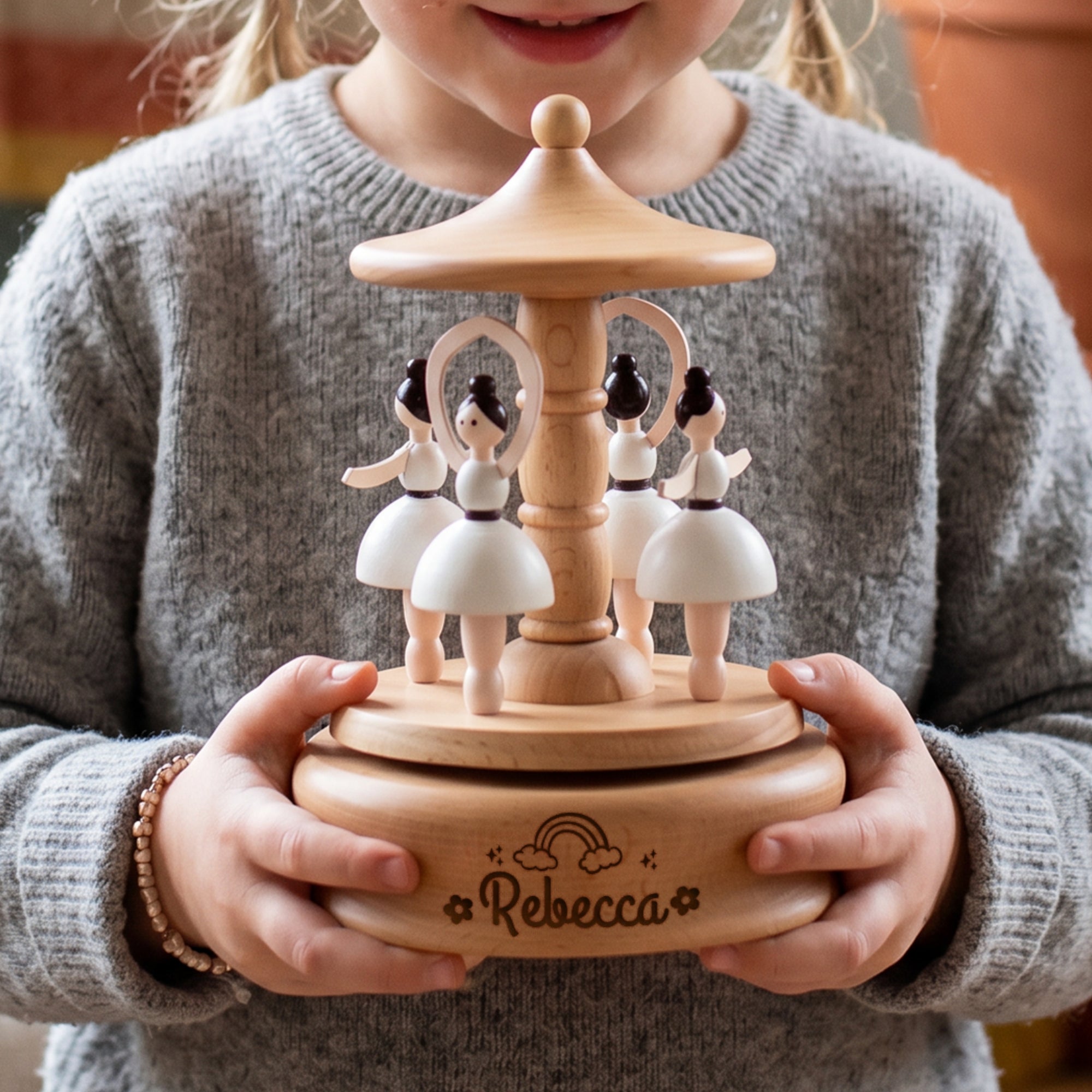 Personalised Wooden Music Carousel , Custom Etched Kid Toy, Nursery Decor Baby Shower Keepsake First Birthday Child Baptism Christening Gift_Ballerina