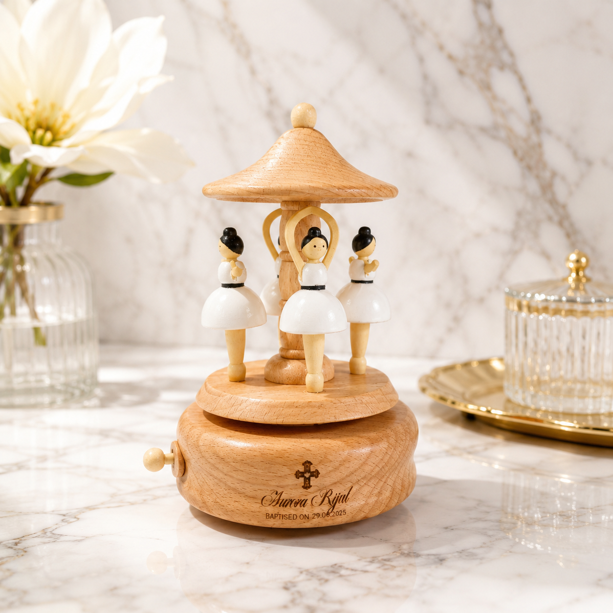 Personalised Wooden Music Carousel , Custom Etched Kid Toy, Nursery Decor Baby Shower Keepsake First Birthday Child Baptism Christening Gift