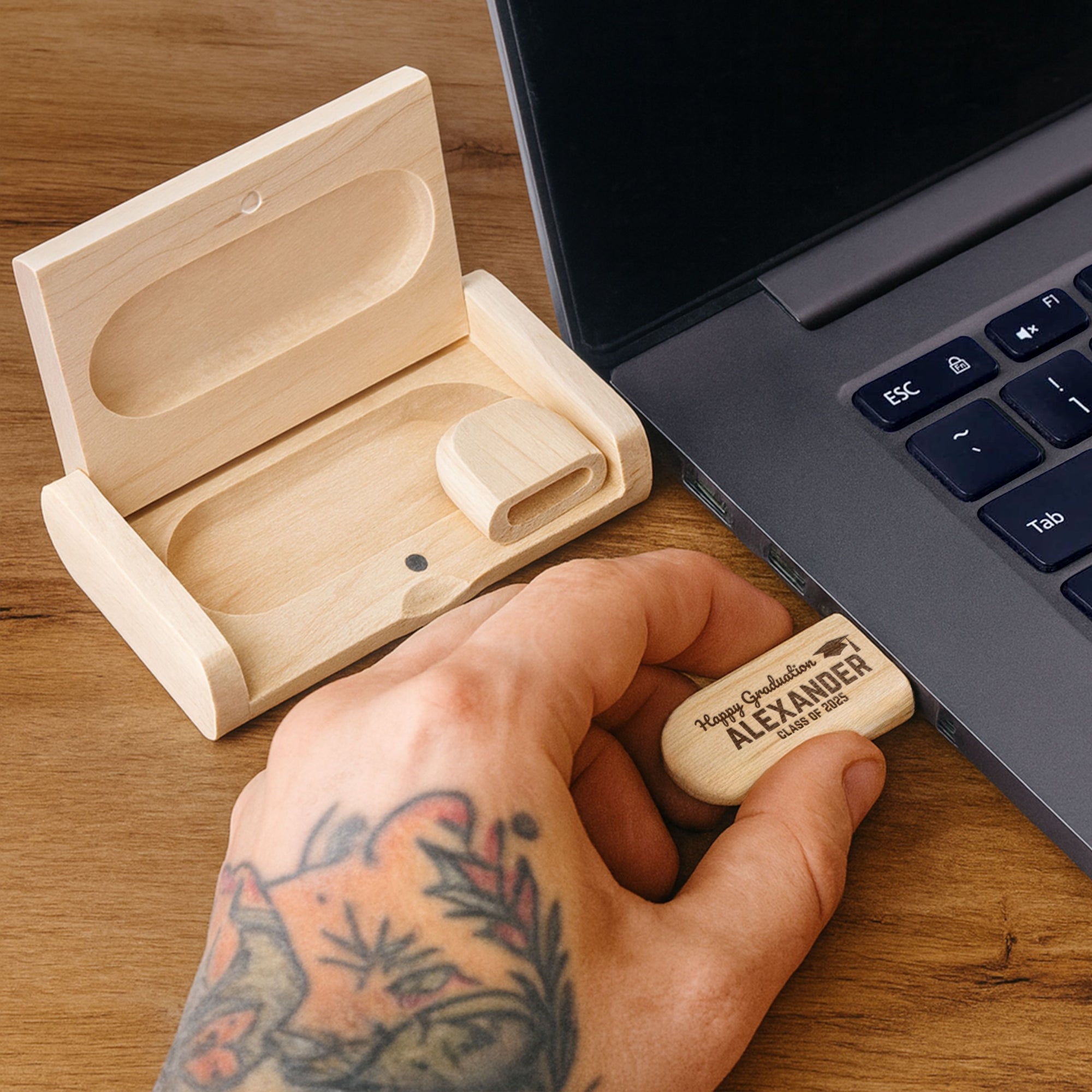 Personalised Wooden USB &amp; Storage Box, Custom Engraved Logo Memory Stick, Flash Drive Case Holder, Wedding Anniversary In Loving Memory Gift