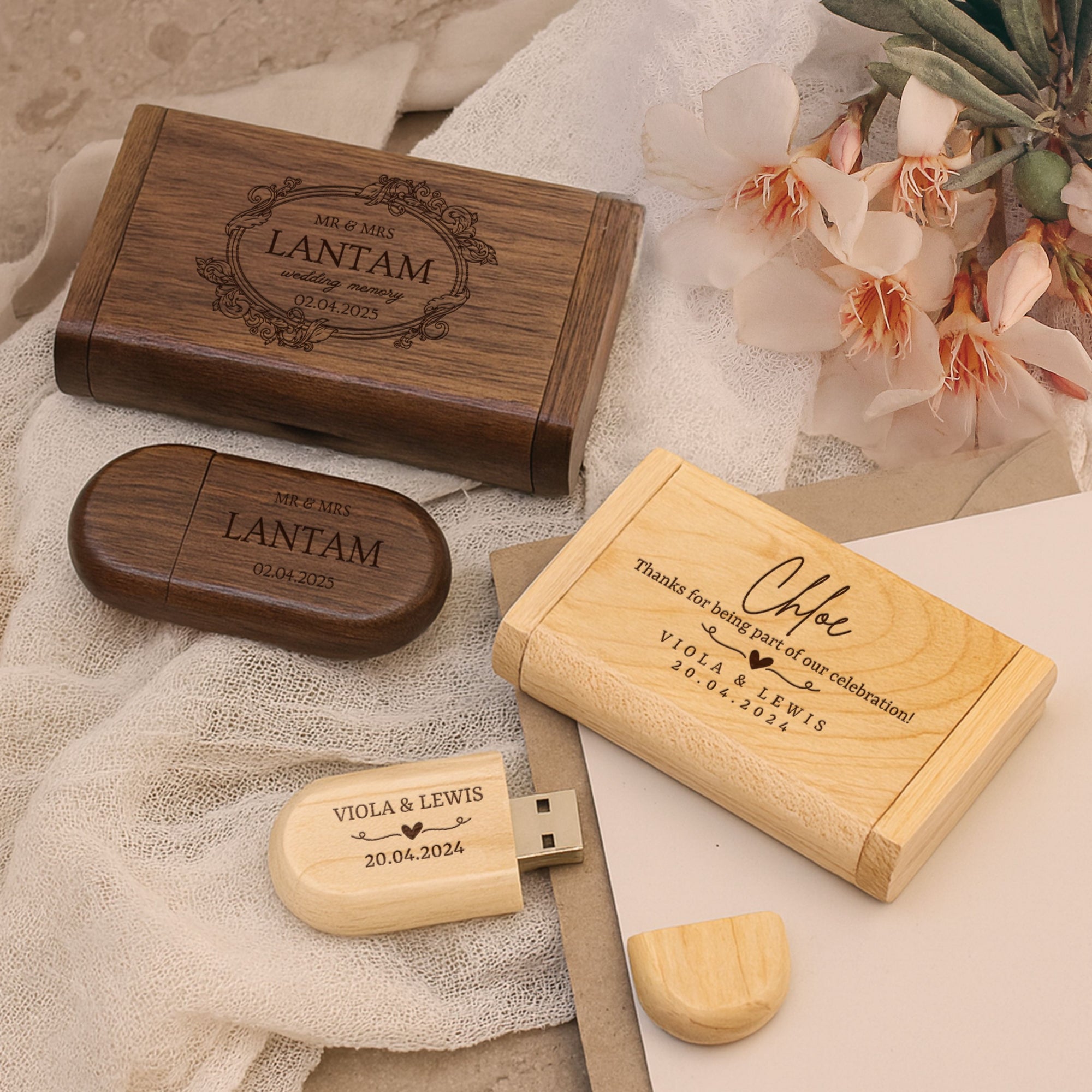 Personalised Wooden USB & Storage Box, Custom Engraved Logo Memory Stick, Flash Drive Case Holder, Wedding Anniversary In Loving Memory Gift