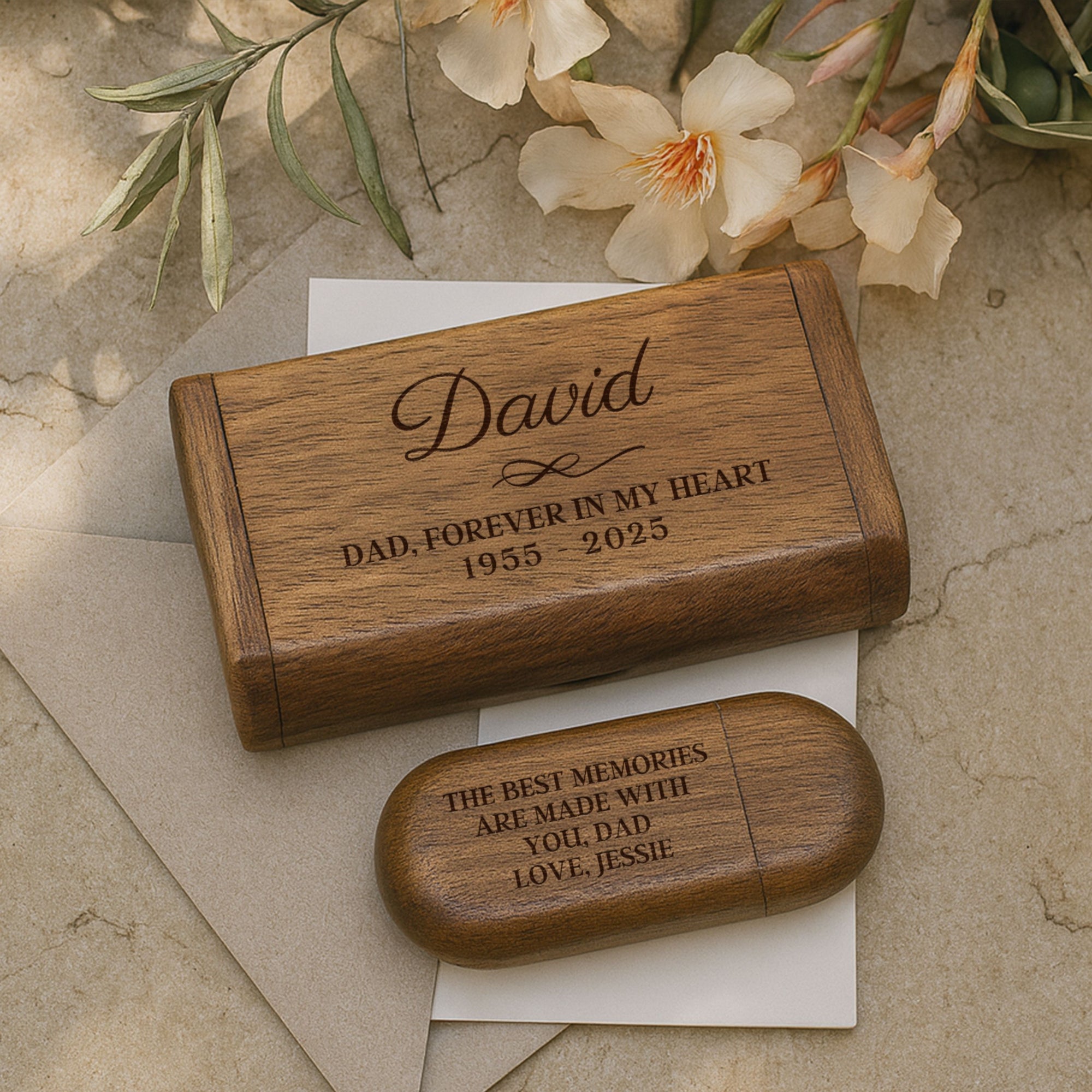 Personalised Wooden USB & Storage Box, Custom Engraved Logo Memory Stick, Flash Drive Case Holder, Wedding Anniversary In Loving Memory Gift