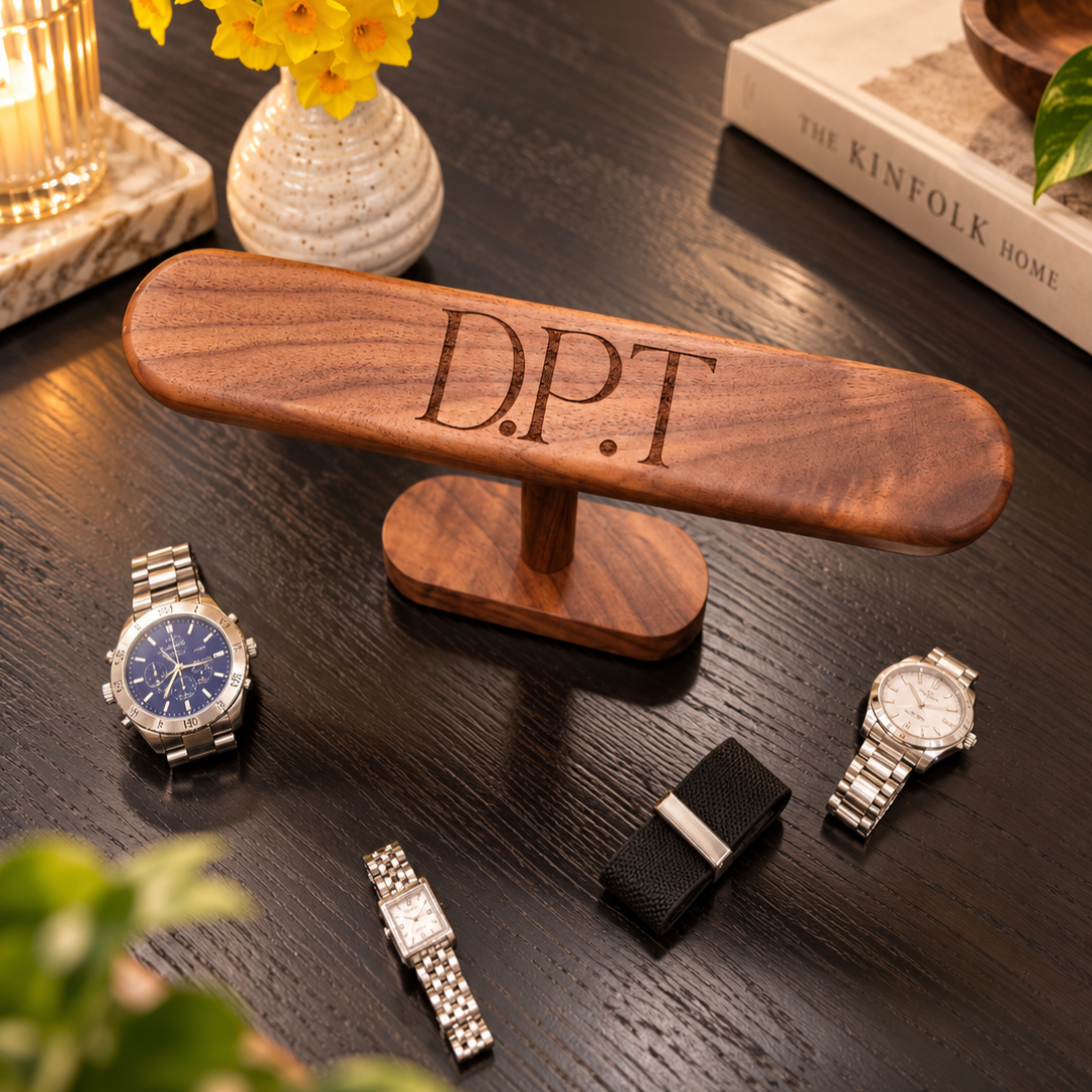 Personalised Wooden Watch Display Stand, Custom Engraved Walnut Beech T-Bar Jewellery Holder, Dad Mom Groomsmen Bridesmaid Housewarming Gift