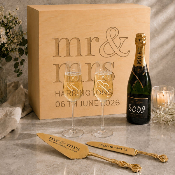 Personalised Crystal Champagne Flutes & Engraved Cake Knife & Server Set in Wooden Gift Box