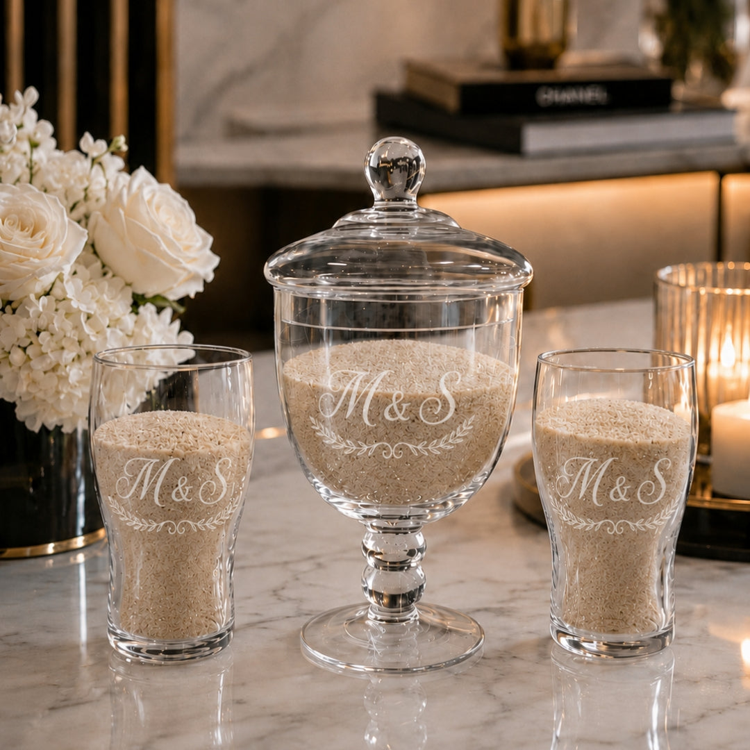 Personalised sand unity wedding ceremony footed pedestal glass urn and pouring glasses set custom engraved