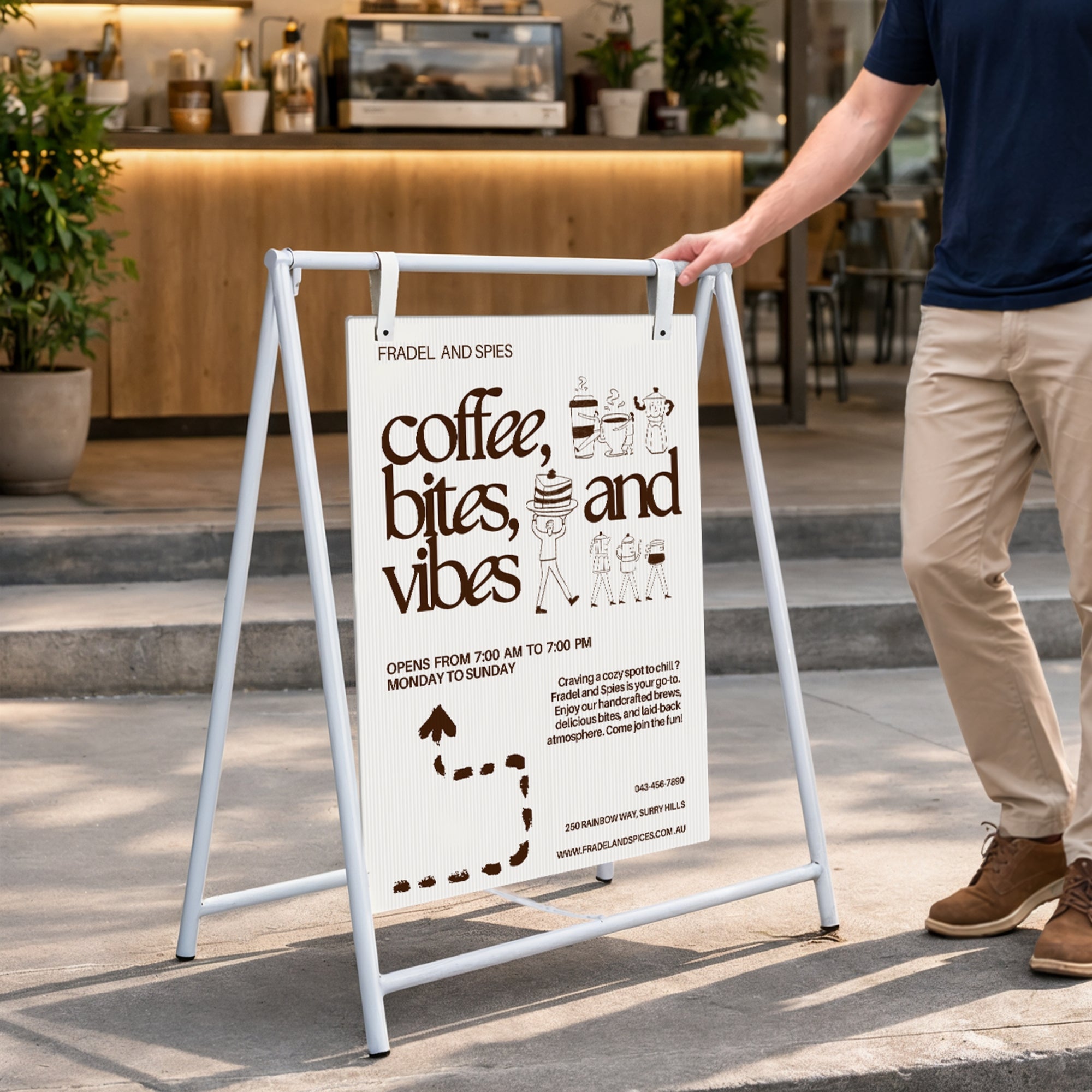 Retail Metal A-Frame with Hanging Strap & Custom Print Corflute Board, Outdoor Sidewalk Direction, Property, Cafe, Business Advertising Sign