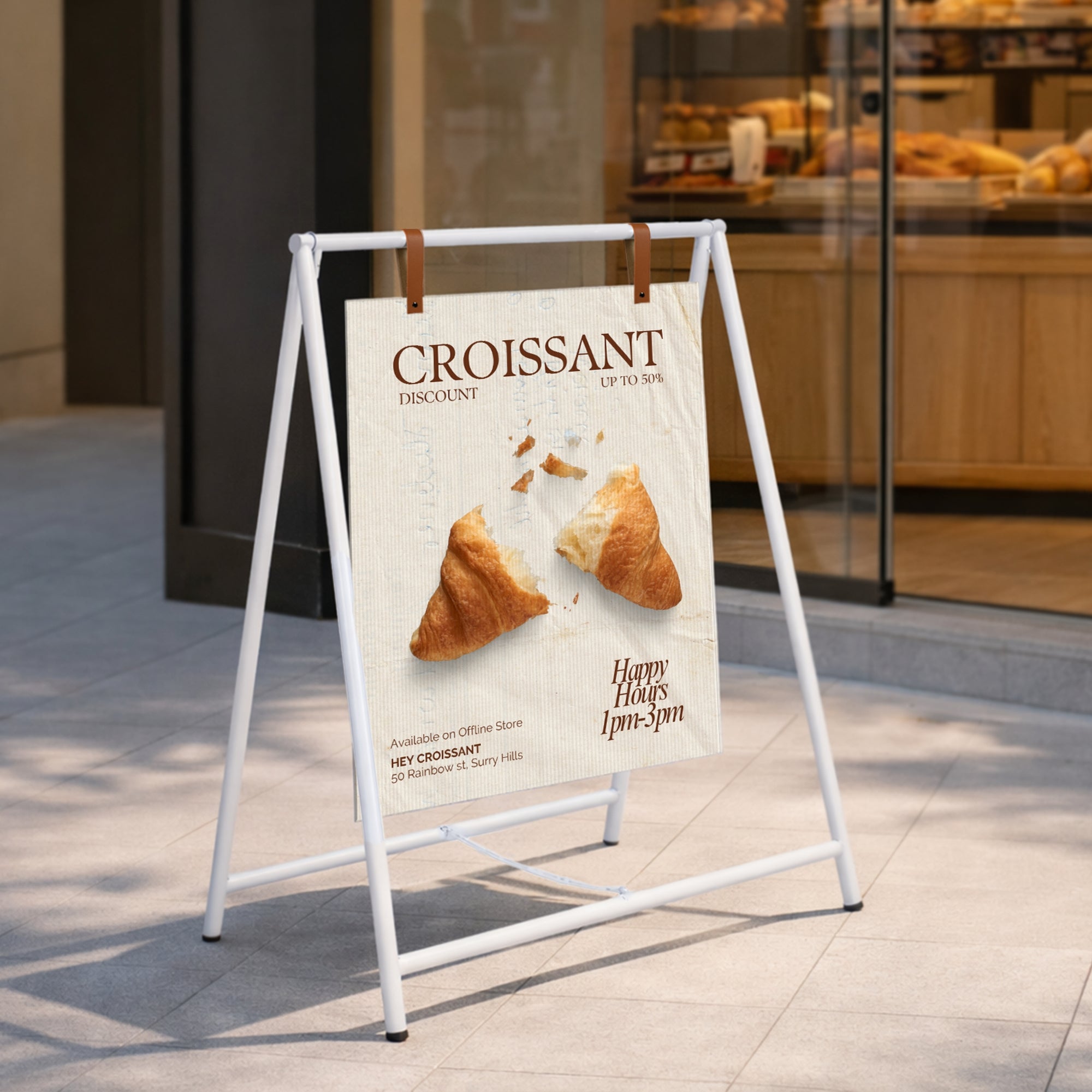 Retail Metal A-Frame with Hanging Strap & Custom Print Corflute Board, Outdoor Sidewalk Direction, Property, Cafe, Business Advertising Sign