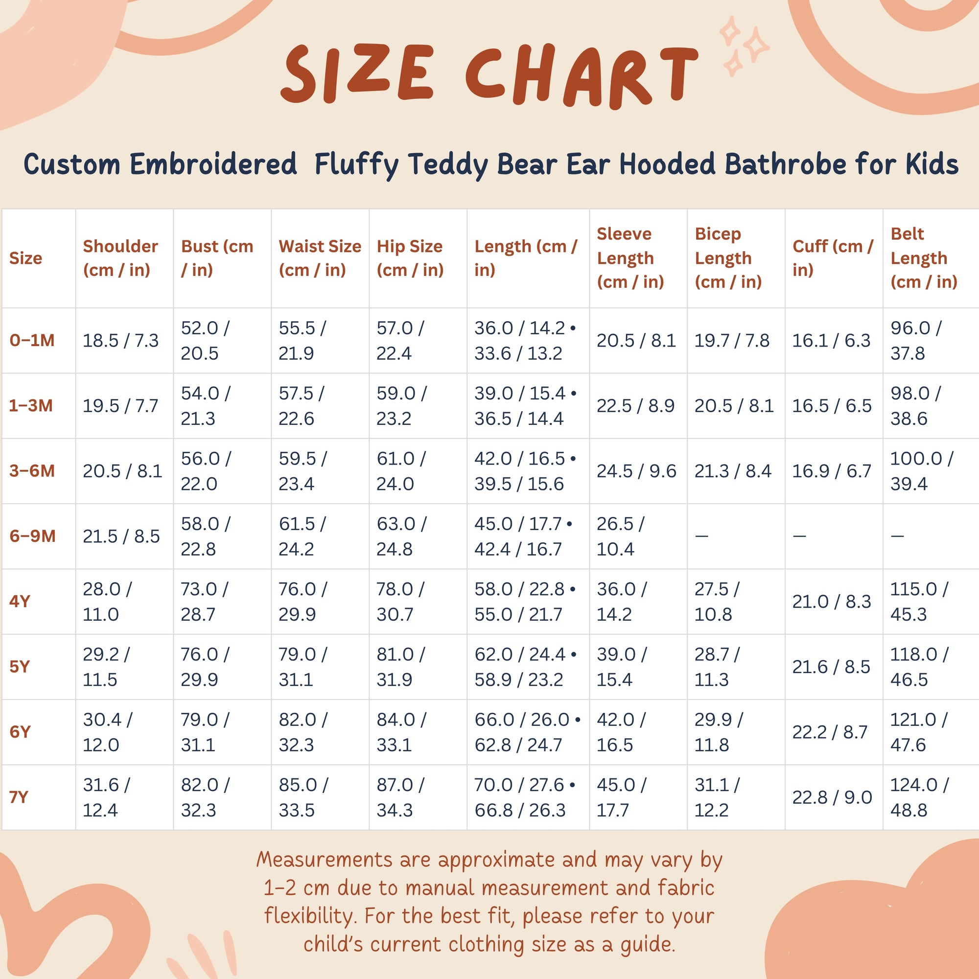 Size chart for a custom embroidered fluffy teddy bear ear hooded bathrobe for kids with measurements in centimeters and inches.