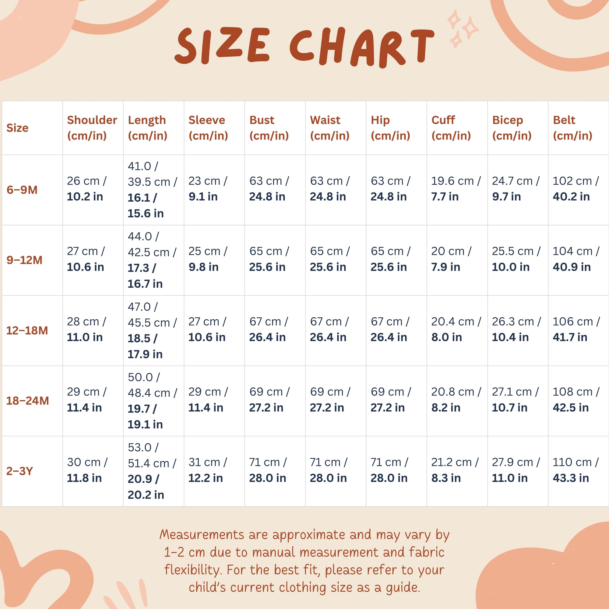 Size chart for children&#39;s bathrobe with measurements in centimeters and inches.