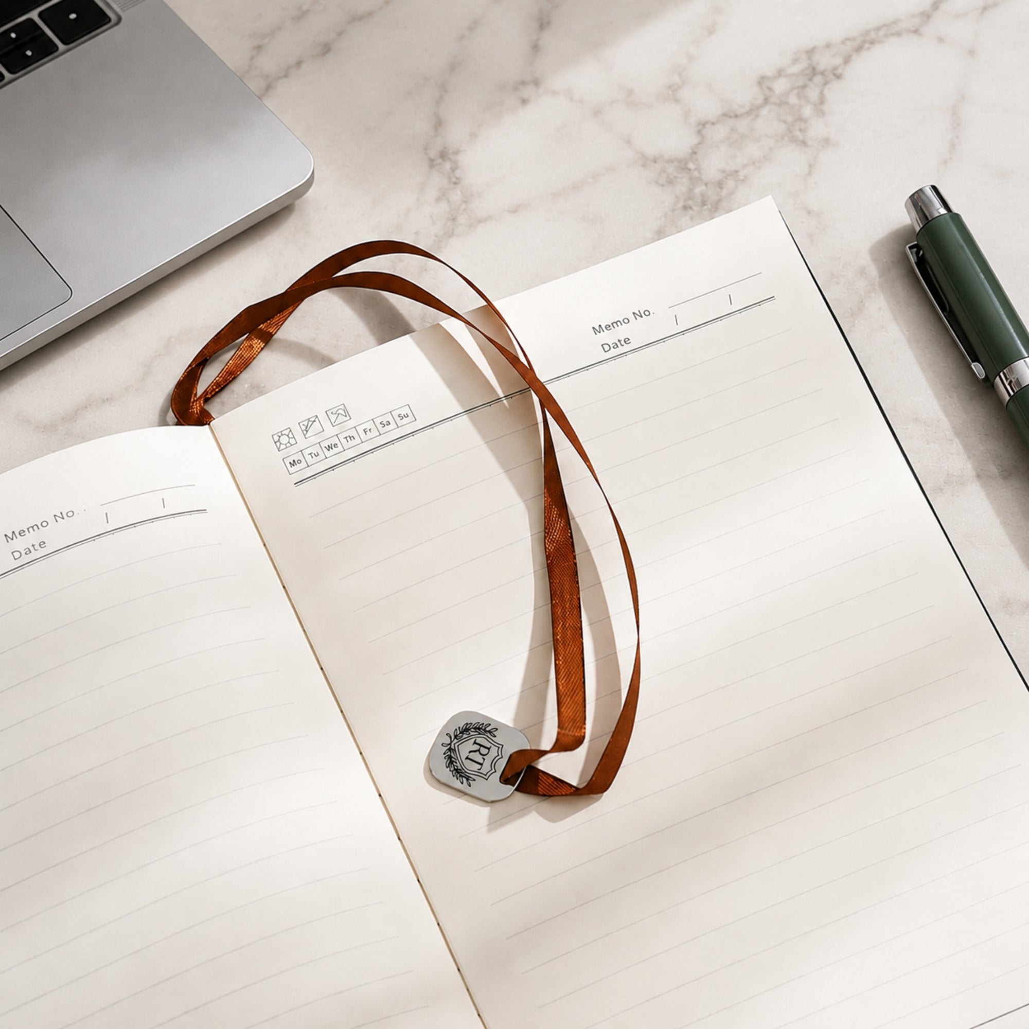 A5 journal notebook with engraved metal bookmark charm