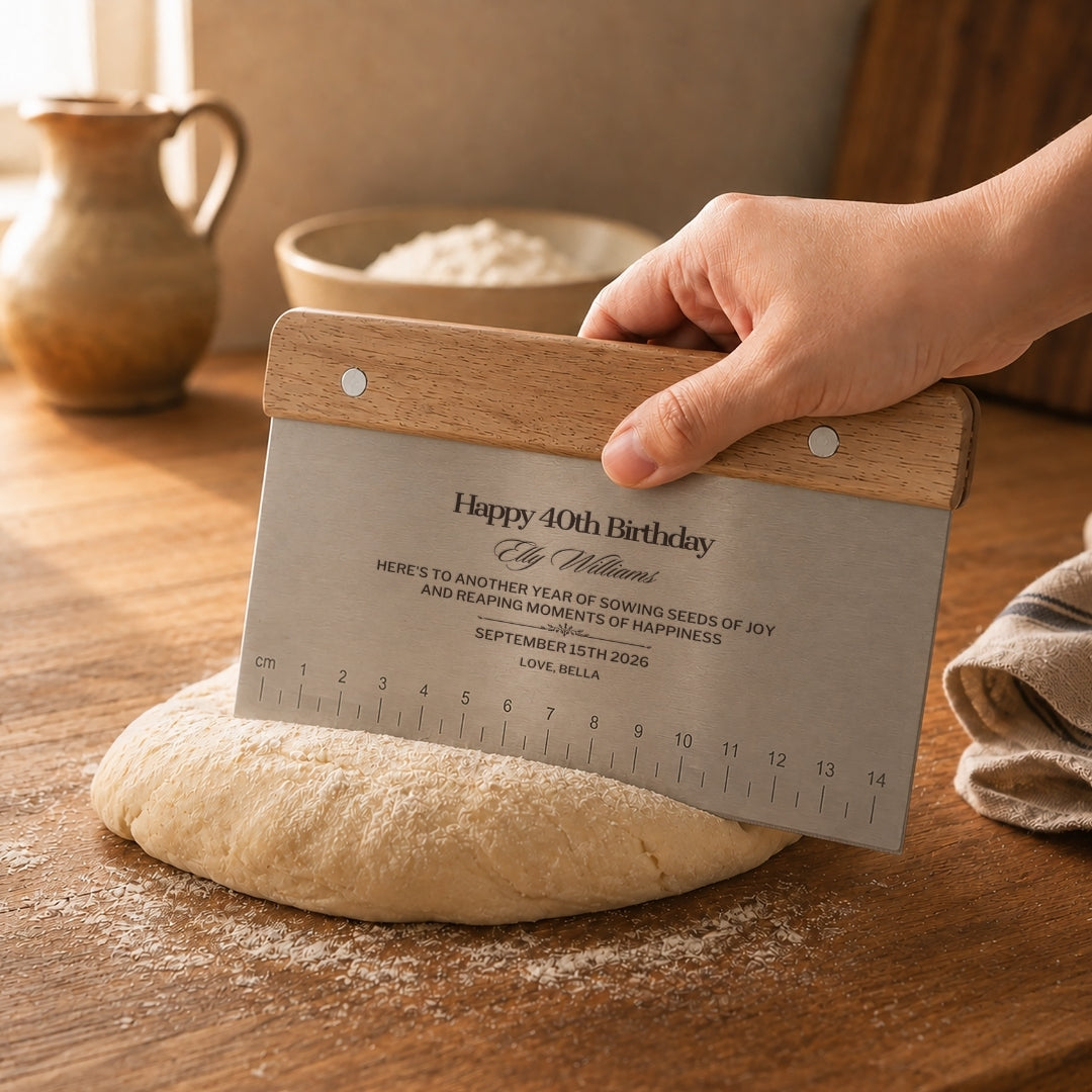 All-in-one baking dough scraper to cut, scrape, divide and measure