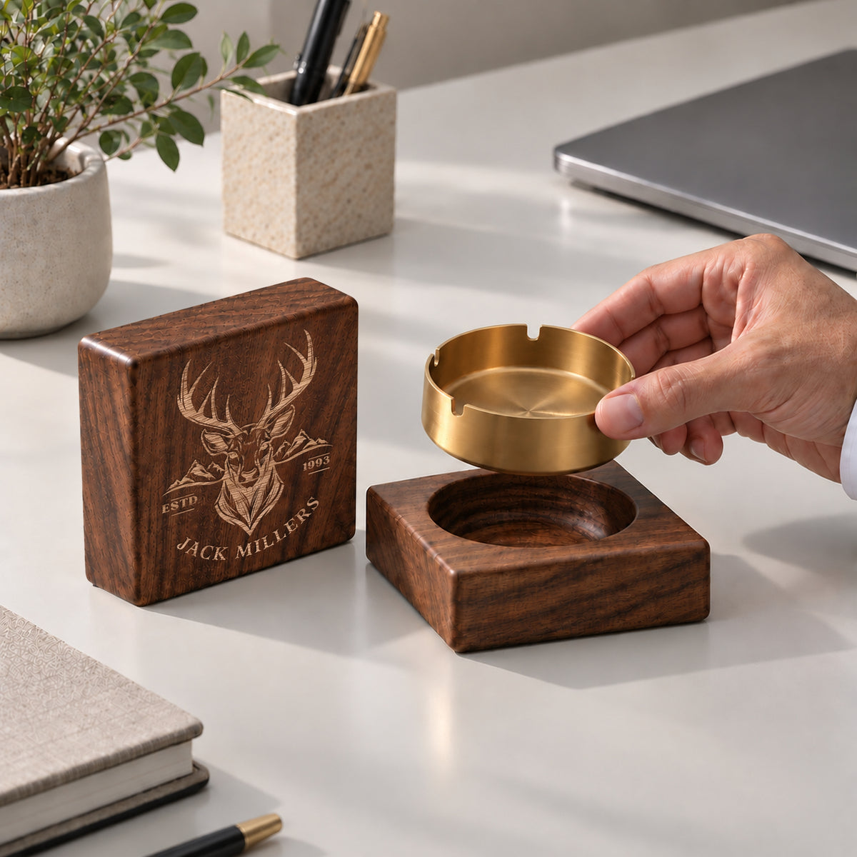 Black walnut ashtray with metal bowl in black, silver and gold