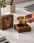 Black walnut ashtray with metal bowl in black, silver and gold
