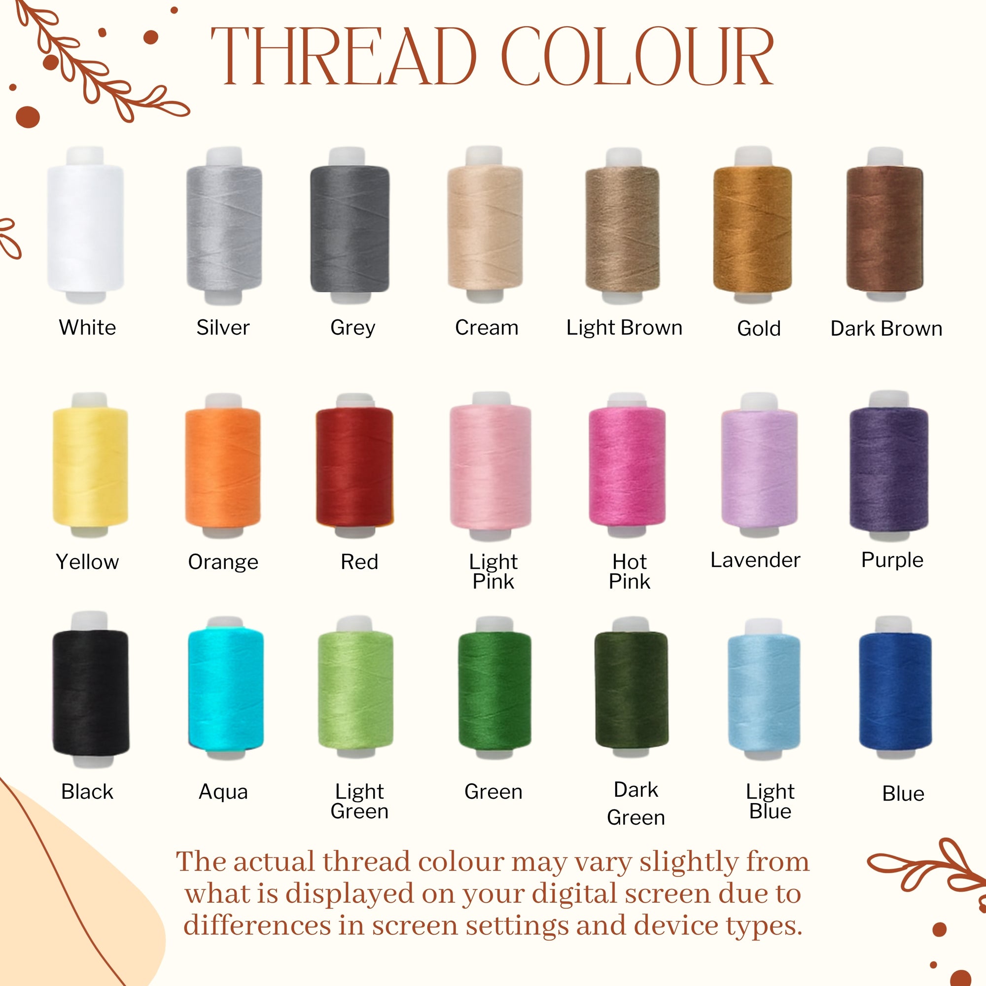 Color chart of thread spools with corresponding colors and labels.