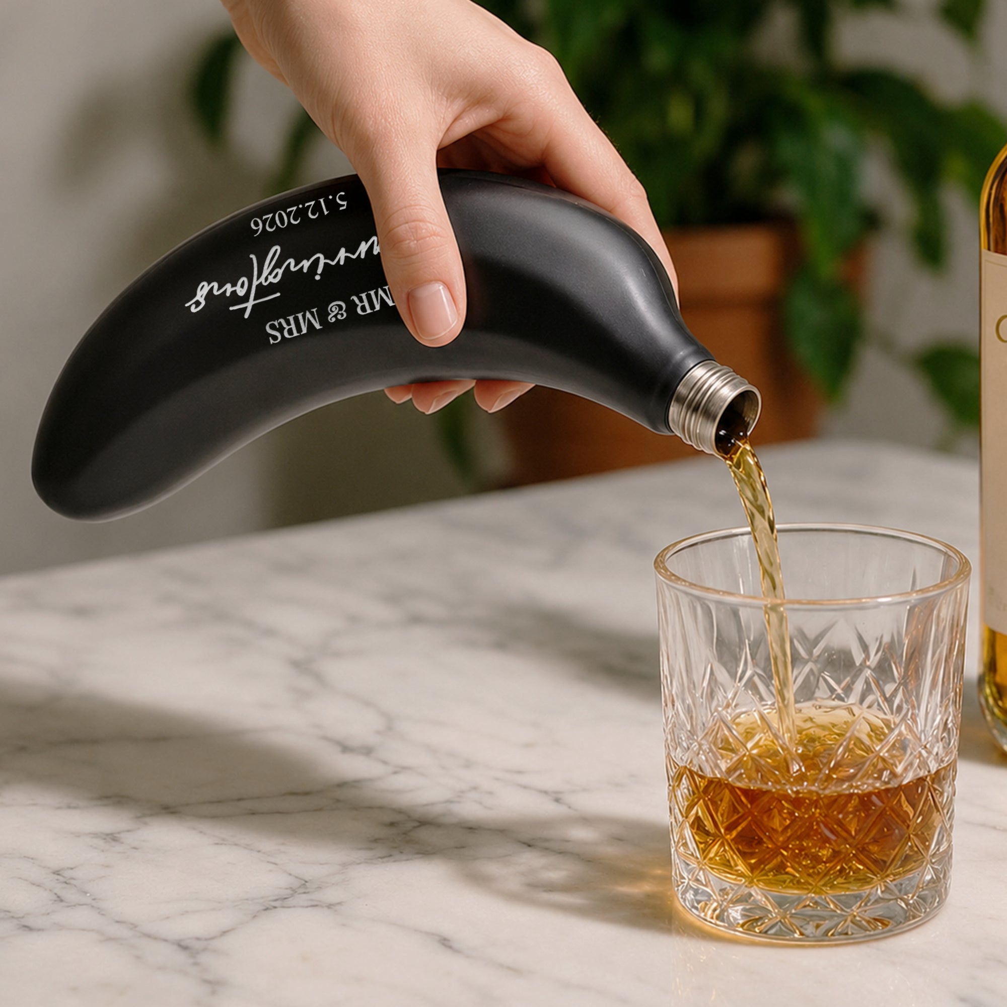 Custom engraved banana hip flask with hook and funnel in black and yellow