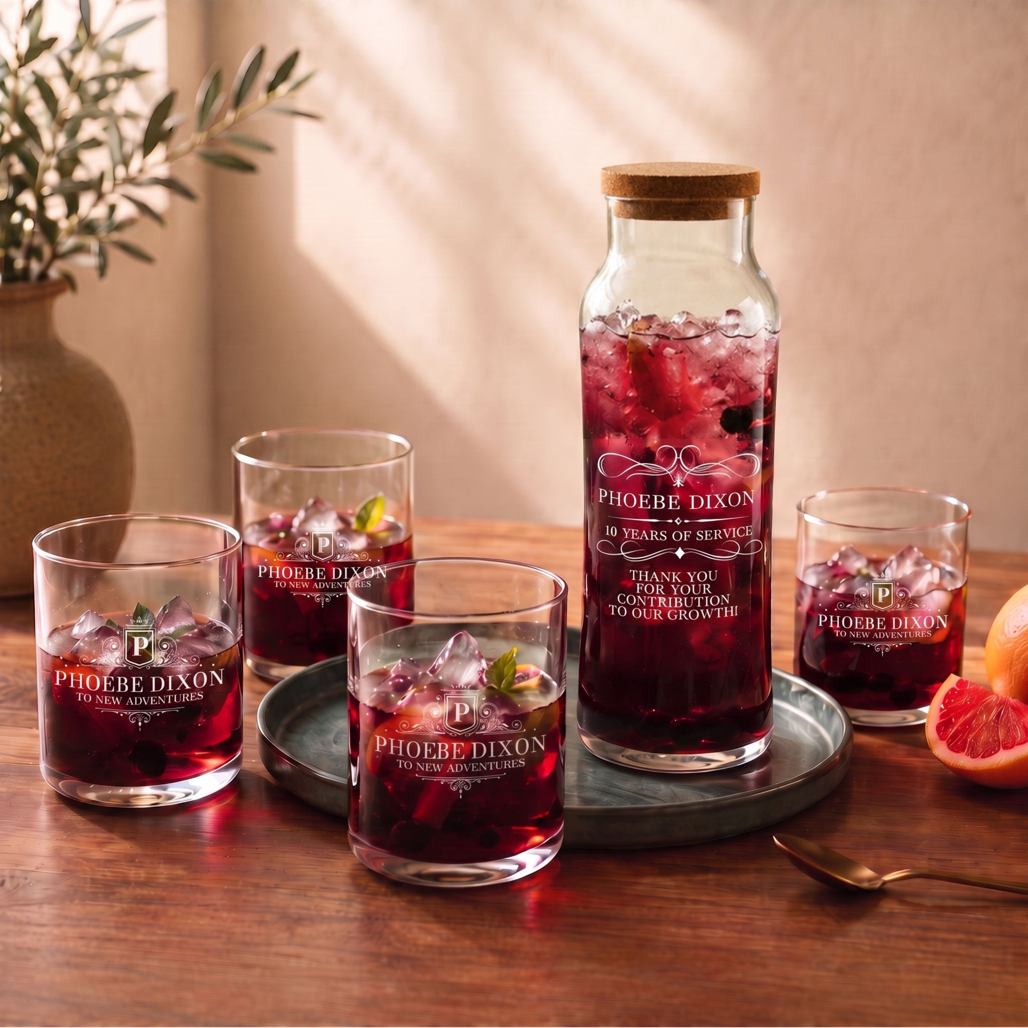 Custom carafe and tumbler set, a wedding and housewarming gift
