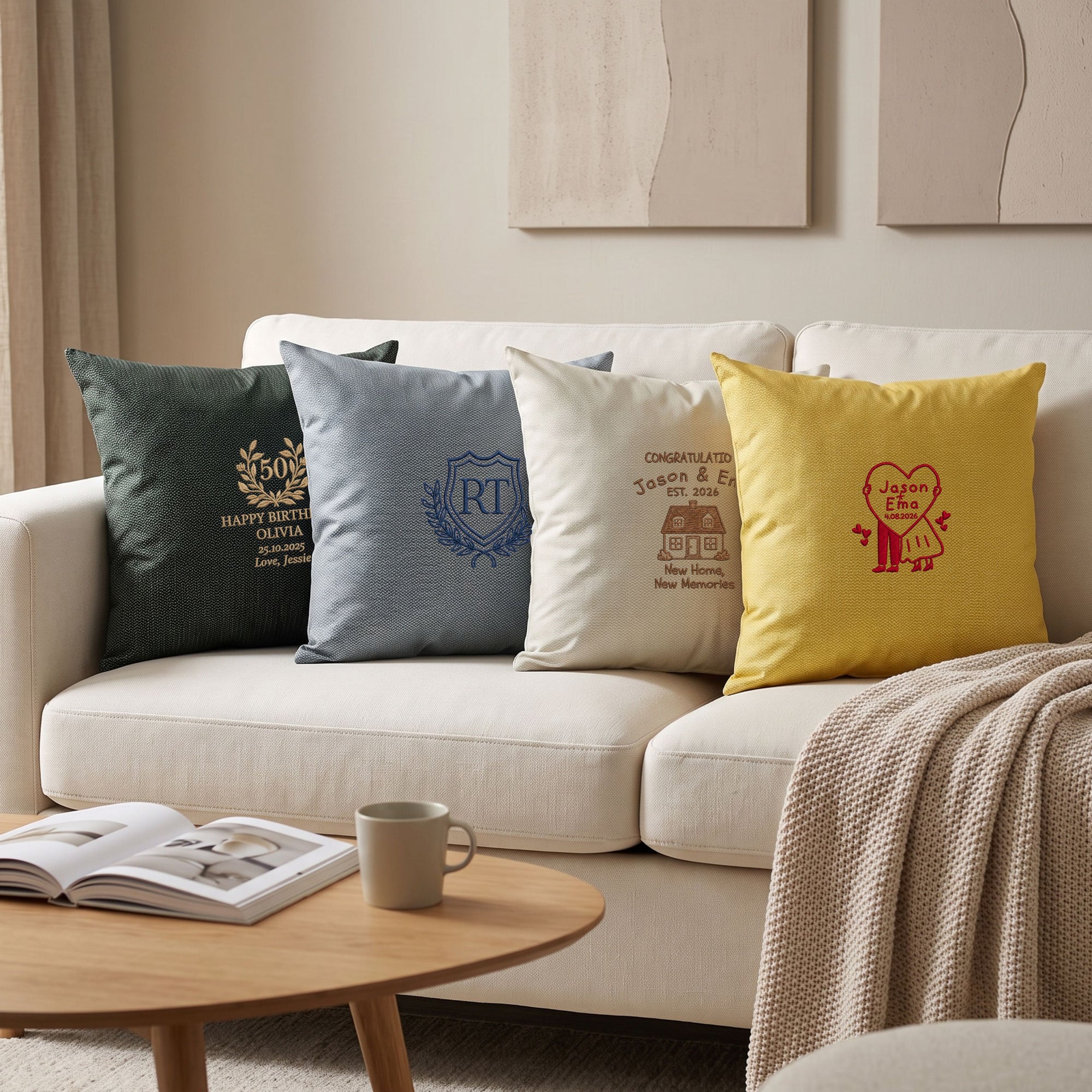 Custom embroidered patterned cushion cover subtle woven design with soft sheen