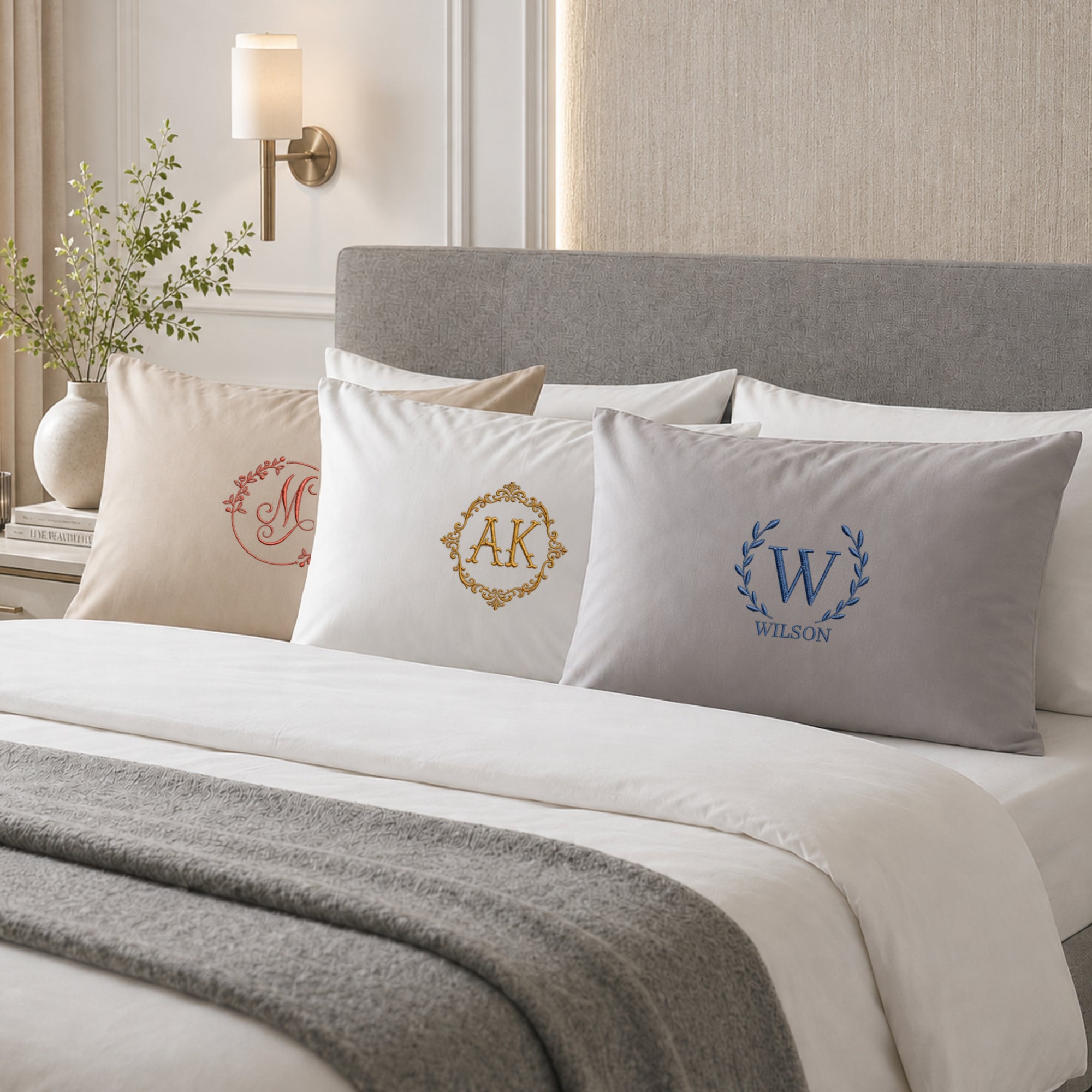 Custom embroidered cotton pillowcase with monogram on bed