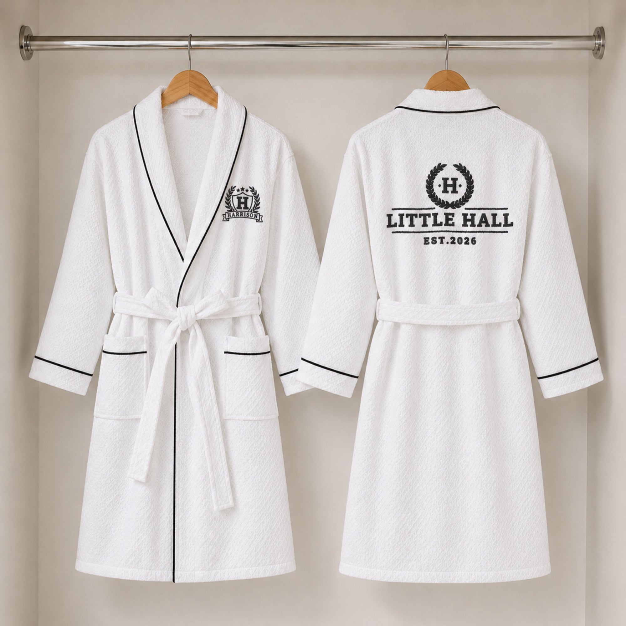 Custom embroidered waffle cotton kids bathrobe hanging in white