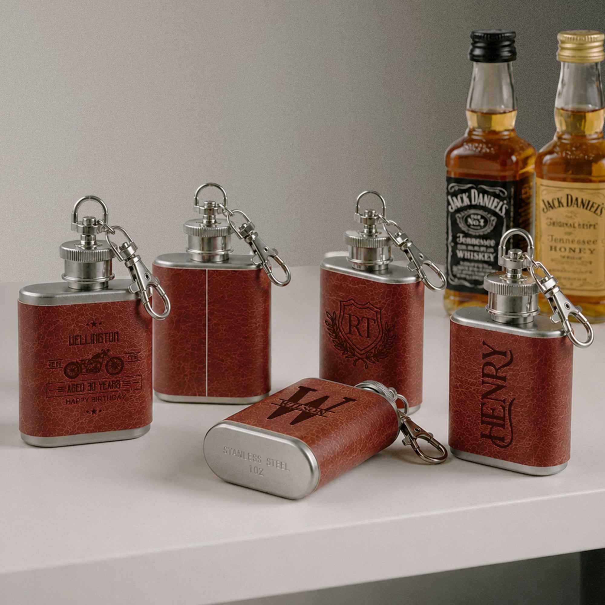 Custom engraved 1oz leatherette mini hip flask keyring wedding favour
