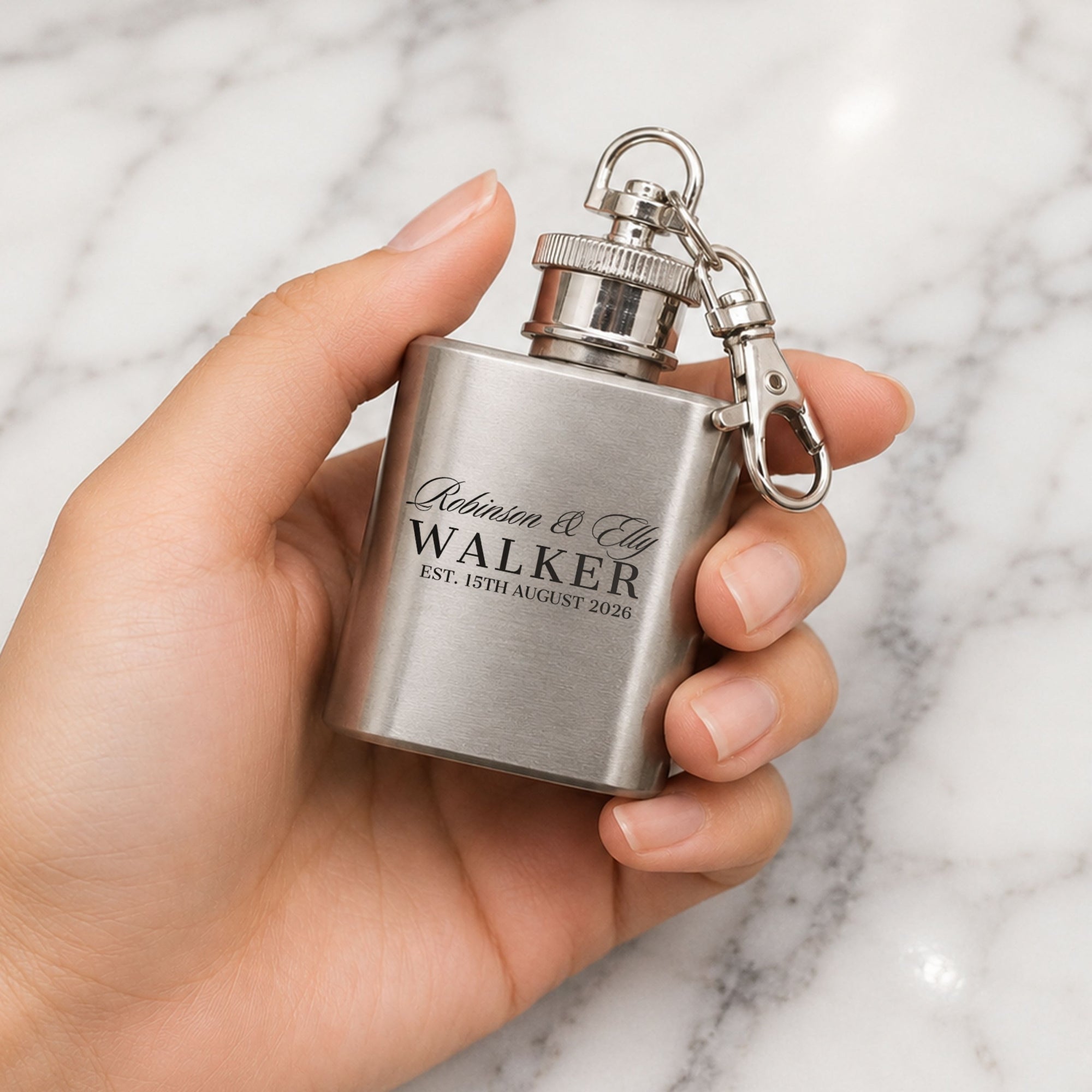 Custom engraved 1oz mini hip flask keyring stainless steel wedding favour