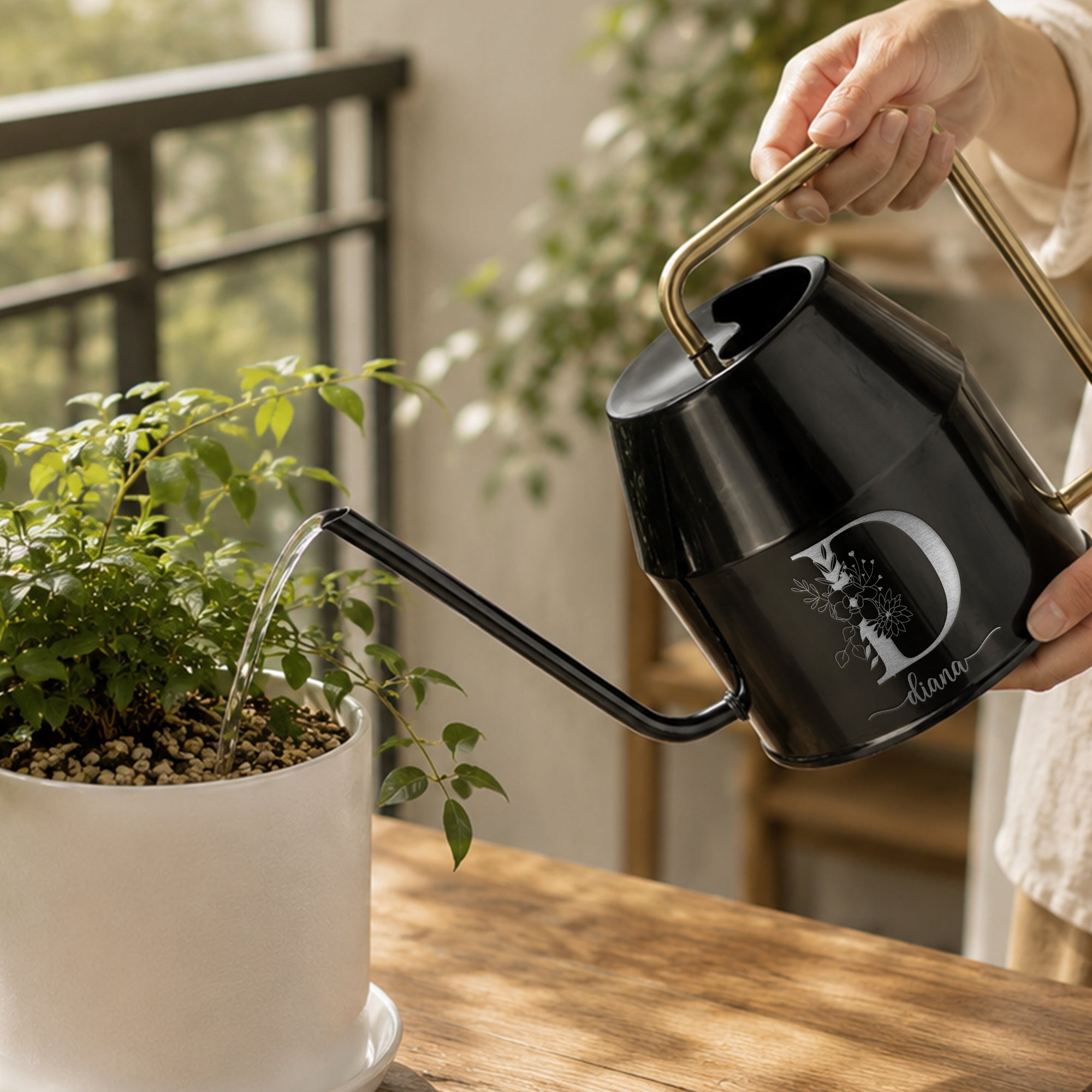 Custom engraved black 2L watering can with gold handle watering indoor plants
