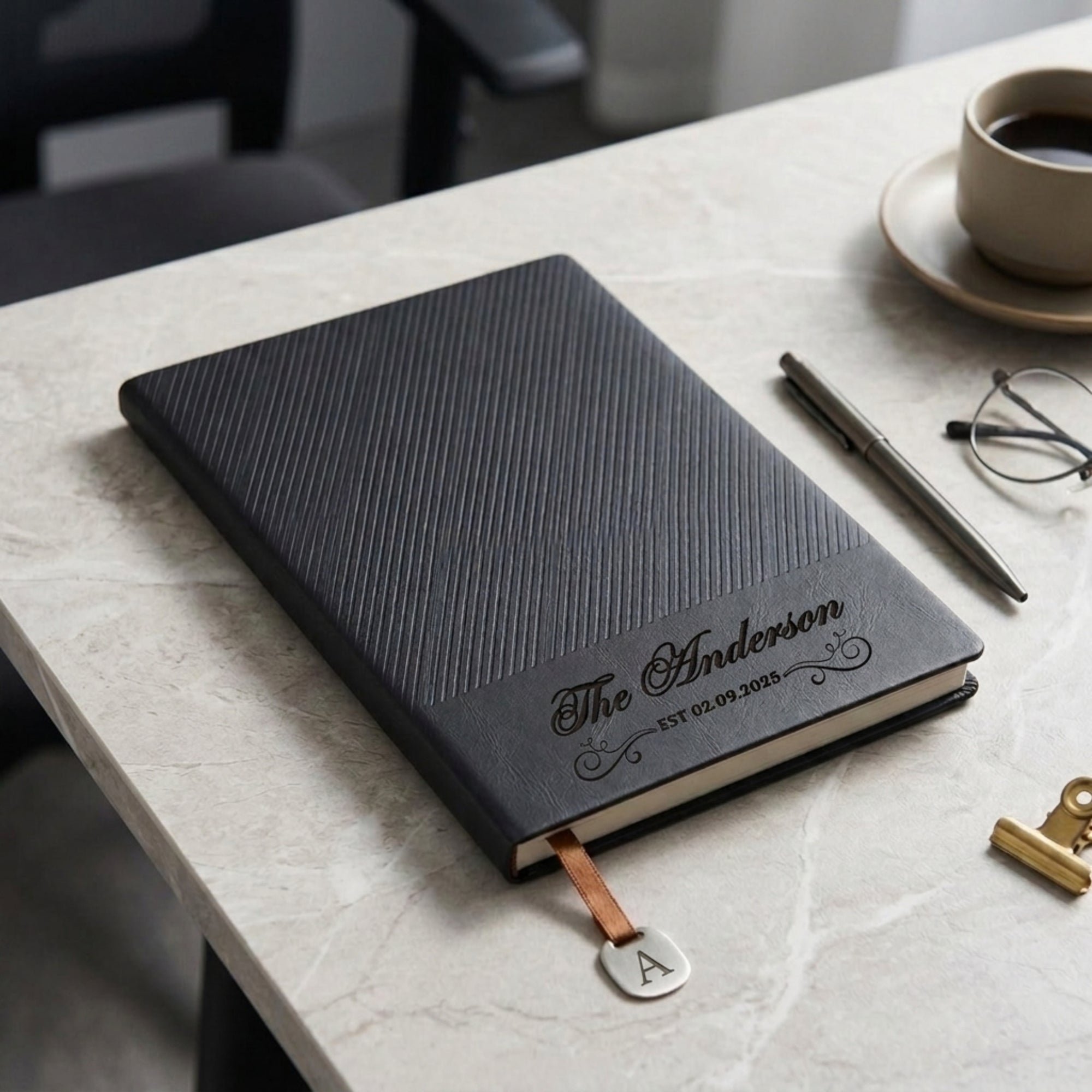 Custom engraved black leatherette A5 notebook