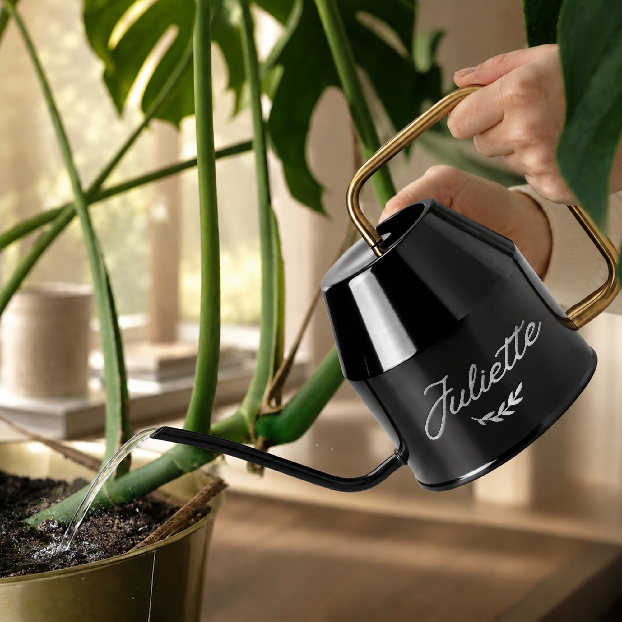 Custom engraved black watering can with long gold spout – gardener gift