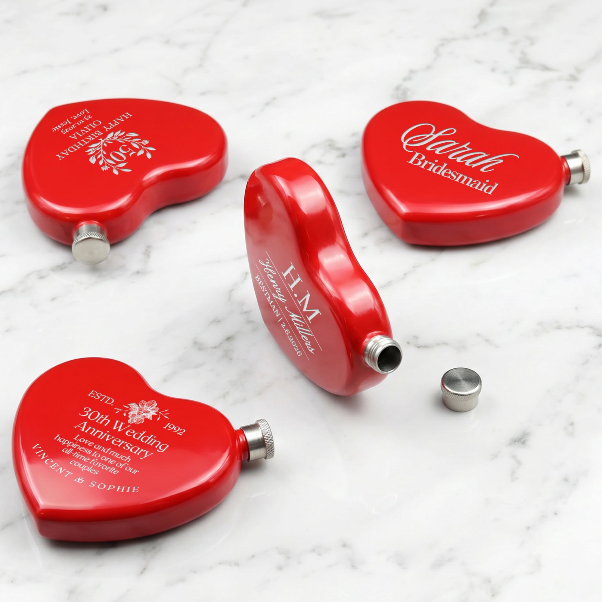 Custom engraved heart shaped hip flask wedding favour Valentine's gift