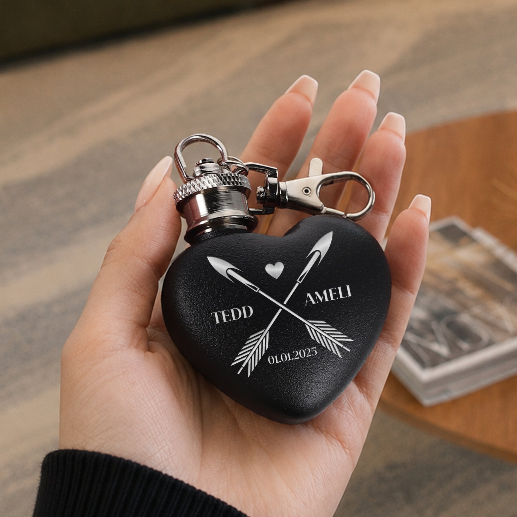 Custom engraved heart mini hip flask keyring in black blue and red
