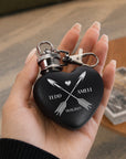 Custom engraved heart mini hip flask keyring in black blue and red