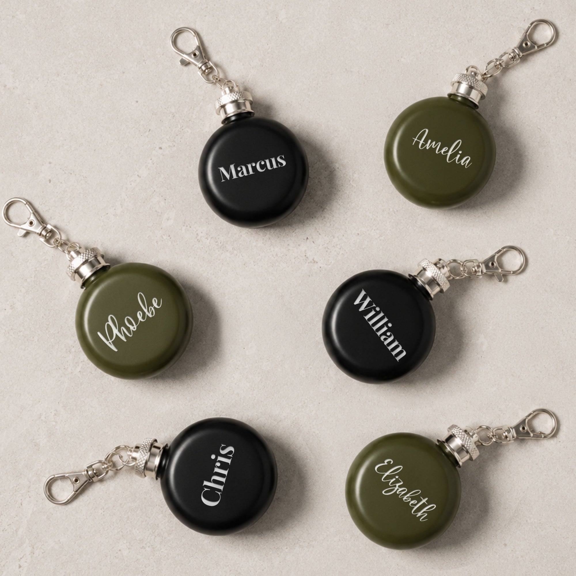 Custom engraved round hip flask keyring in black and army green wedding favour