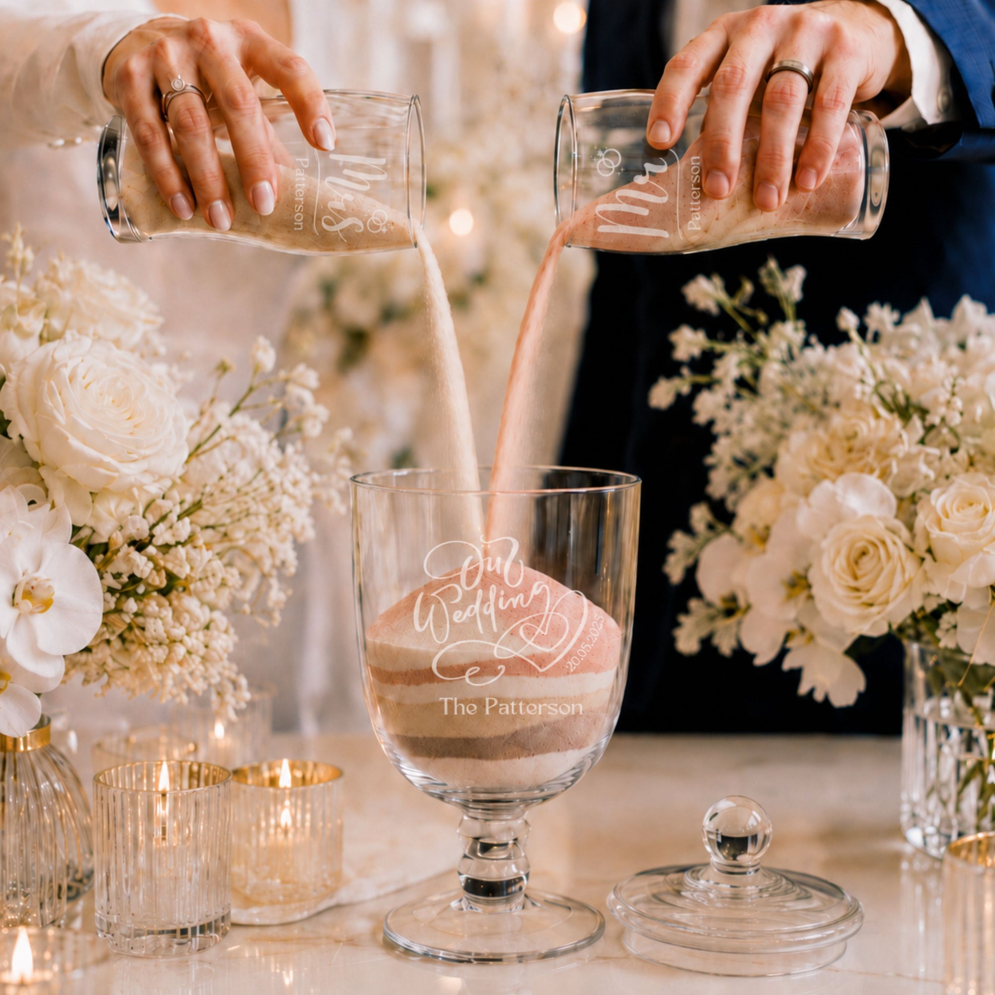 Custom engraved sand unity wedding glass urn with two pouring glasses couple names keepsake