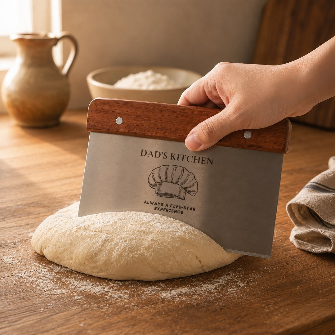 Custom engraved stainless steel bench scraper for bakers