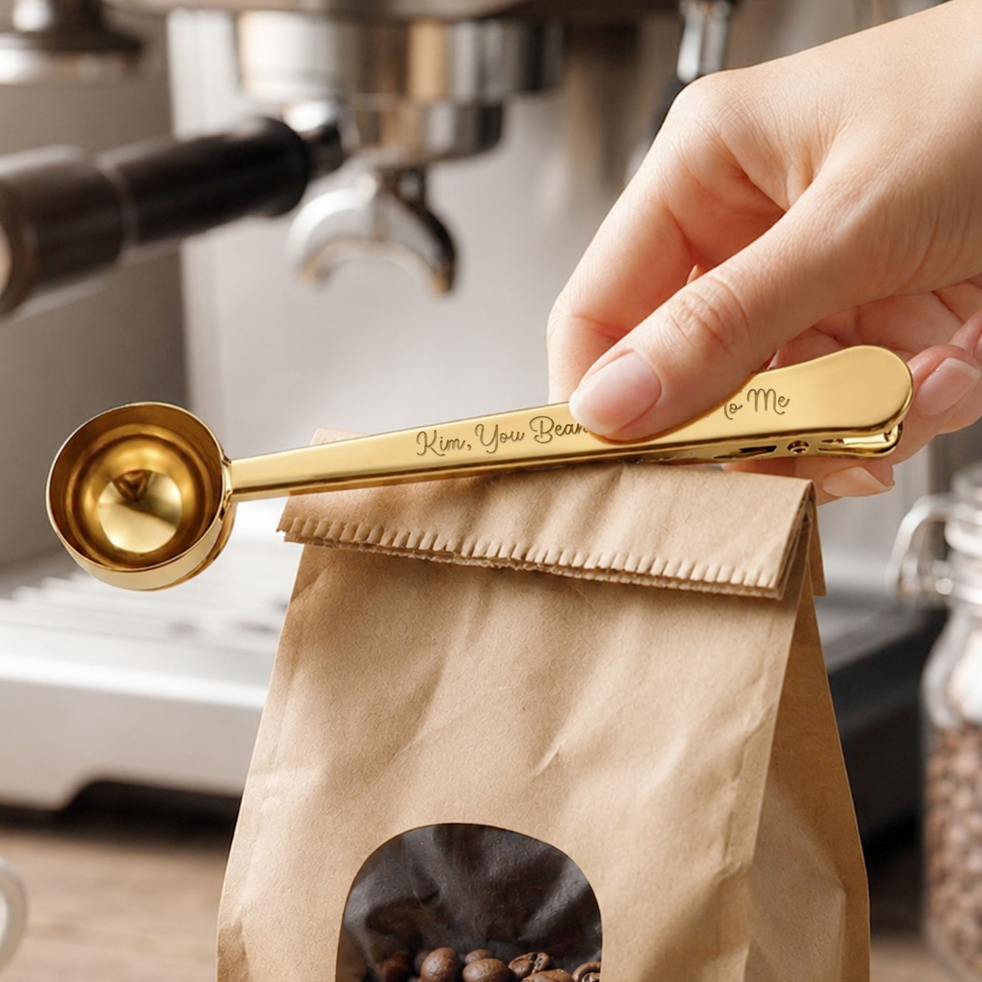 Custom engraved stainless steel coffee scoop with bag clip
