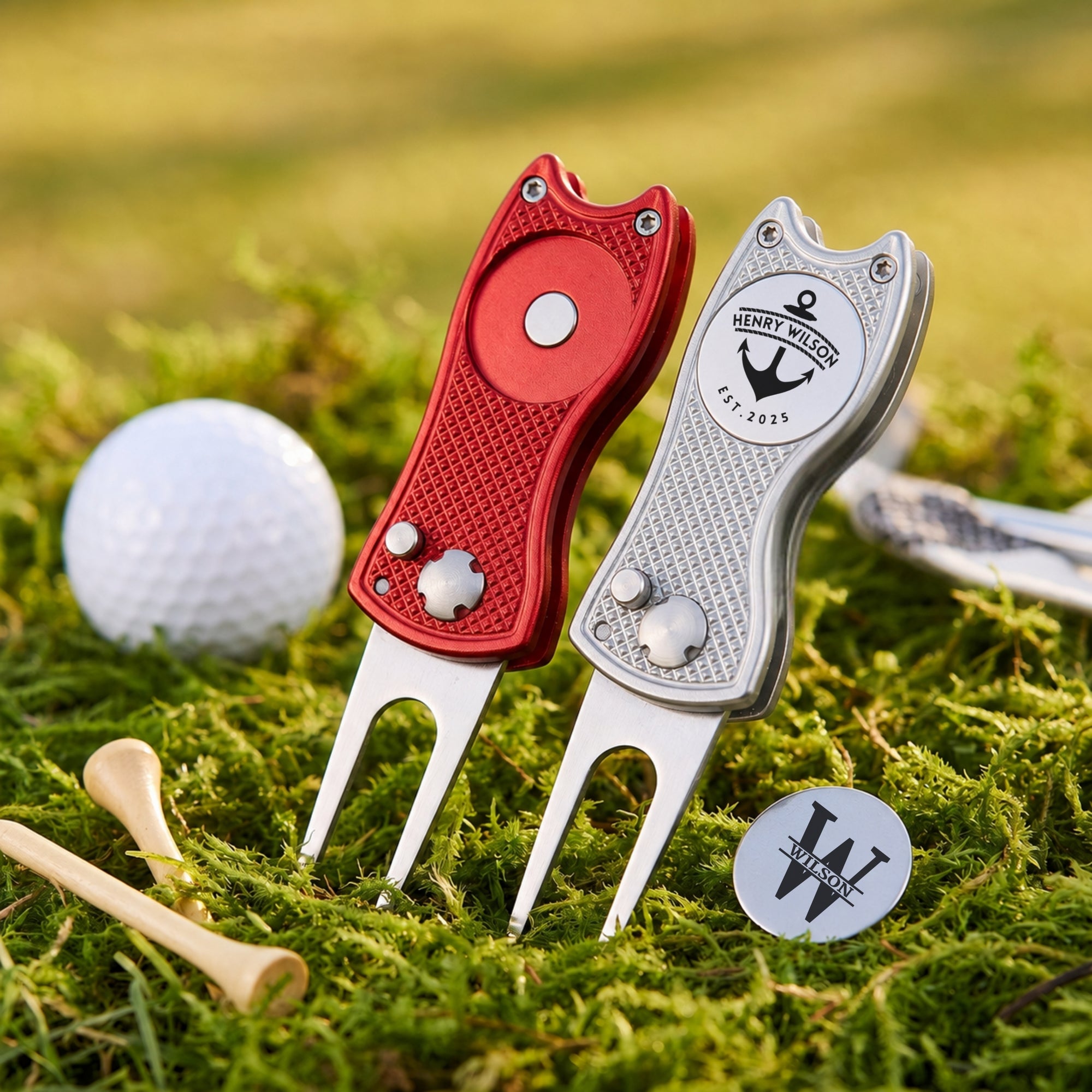 Custom engraved golf divot tool with magnetic ball marker in black blue silver red