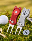 Custom engraved golf divot tool with magnetic ball marker in black blue silver red