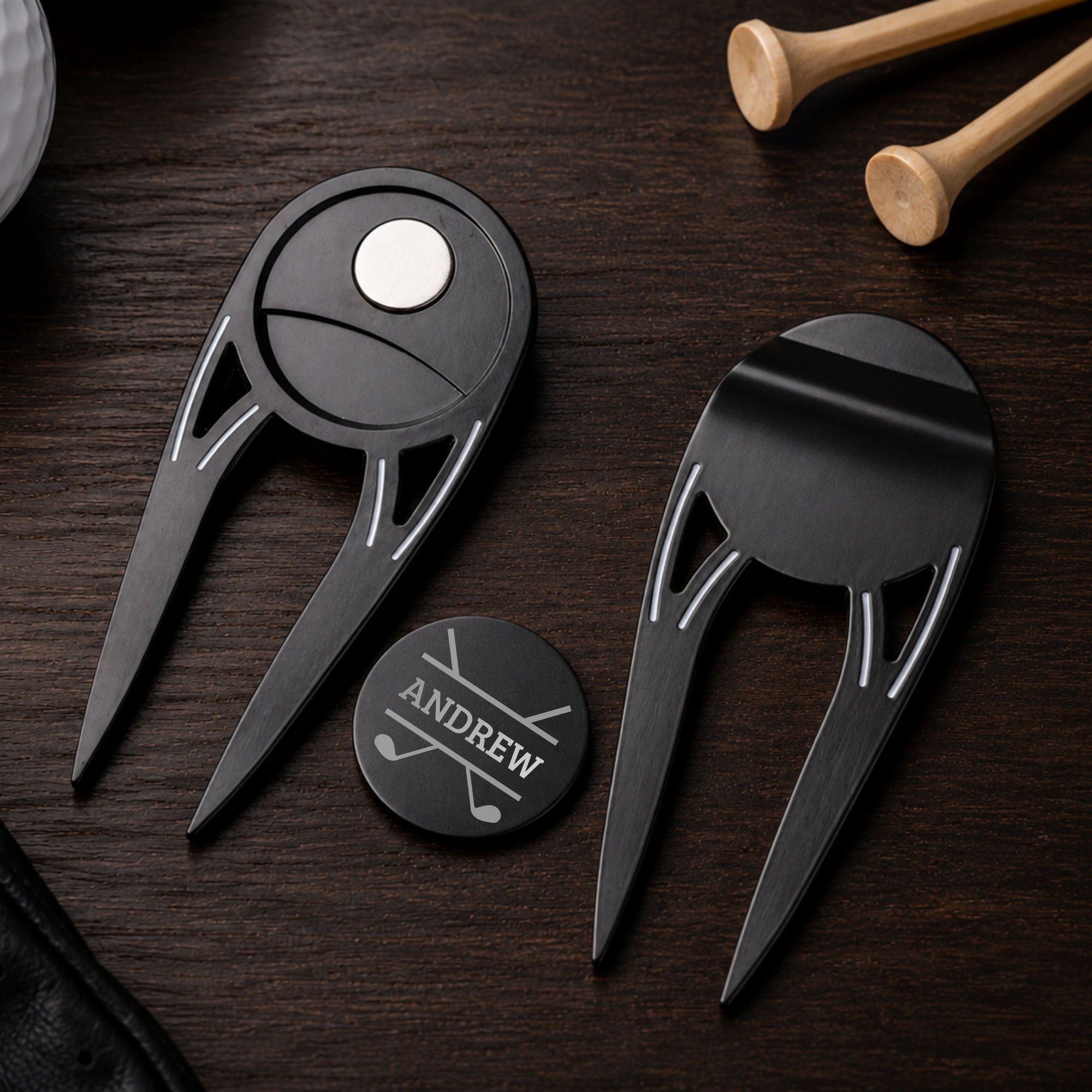 Custom engraved golf divot tool ball marker bottle opener in black blue silver red