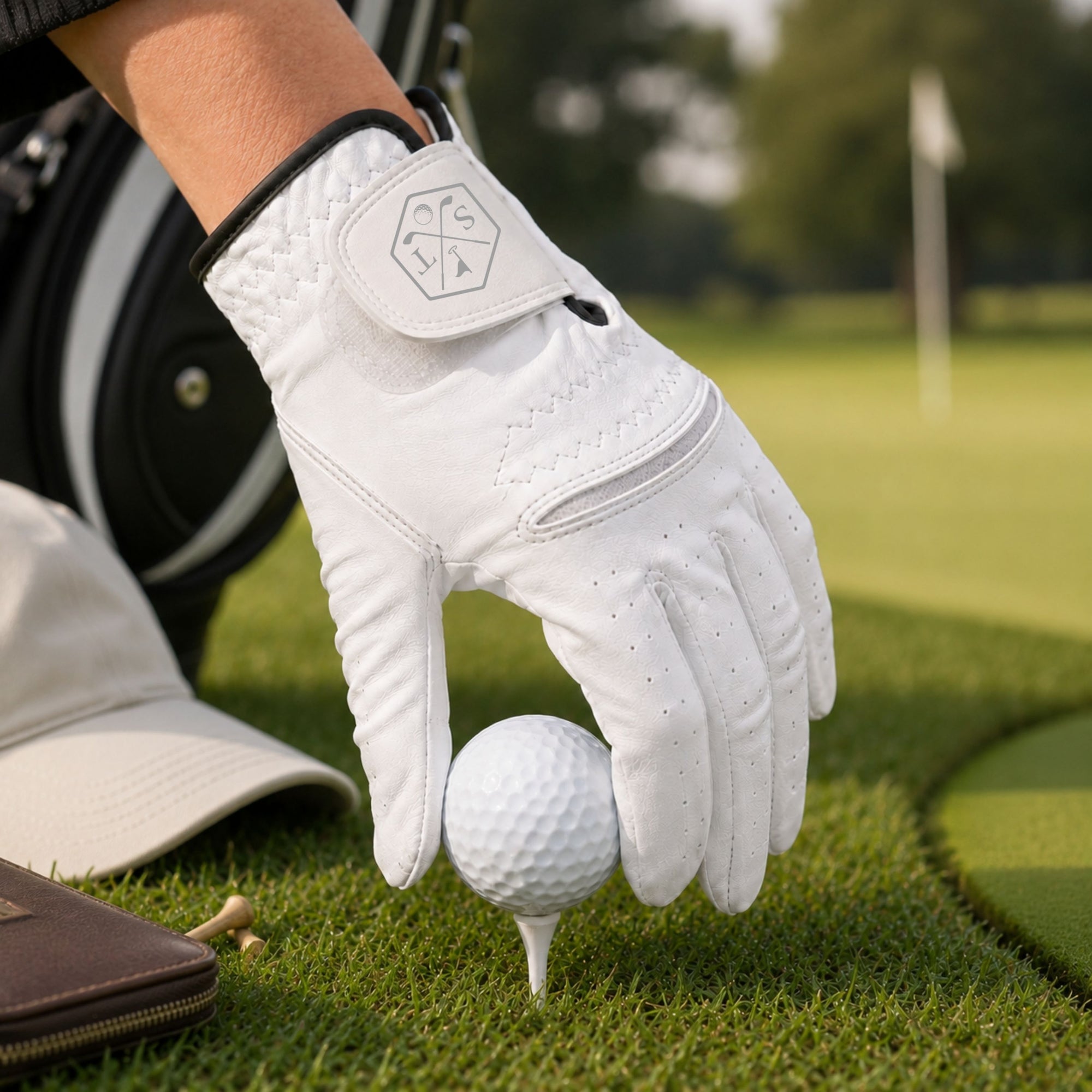 Custom engraved white lambskin left-hand golf glove