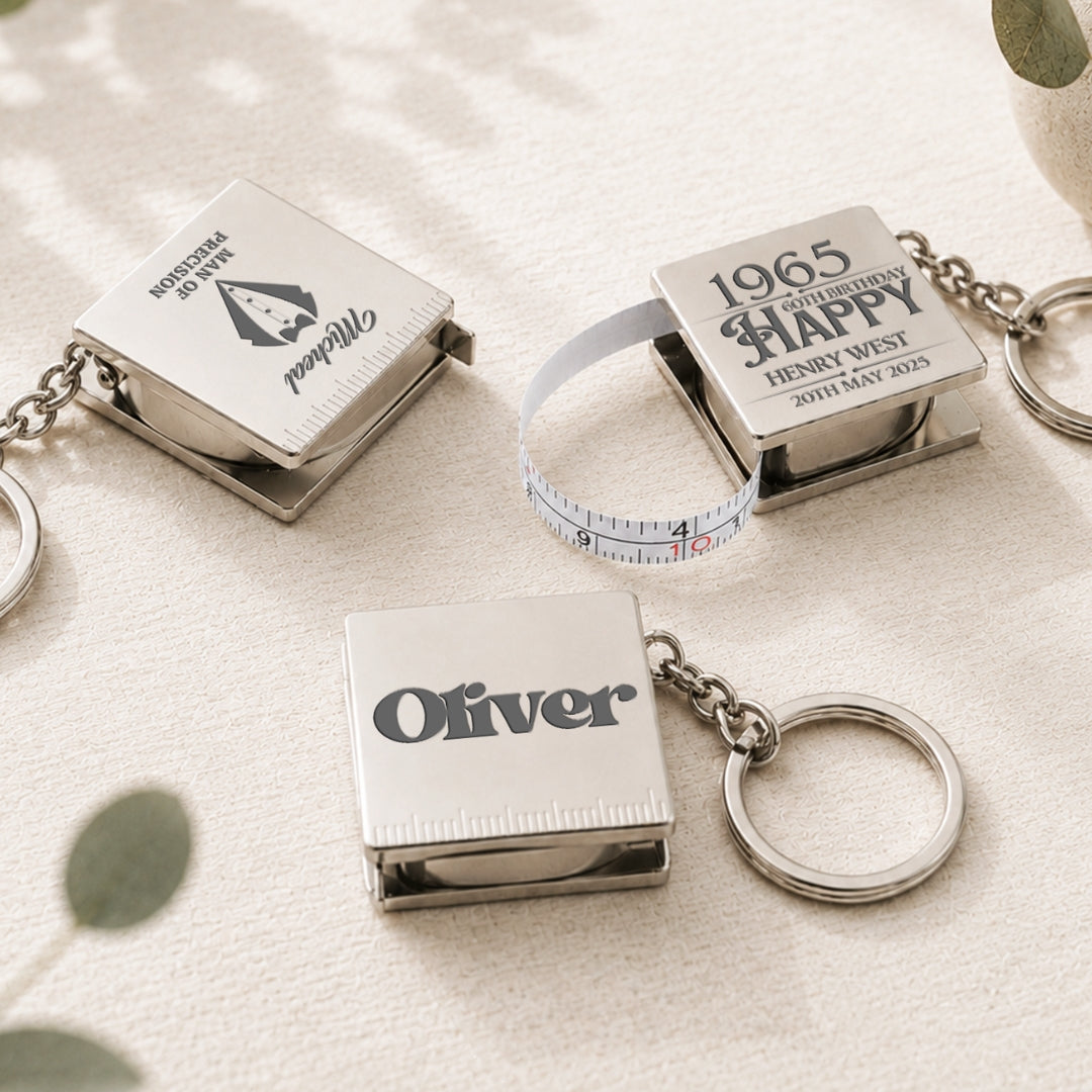 Custom mini tape measure keyring engraved with name